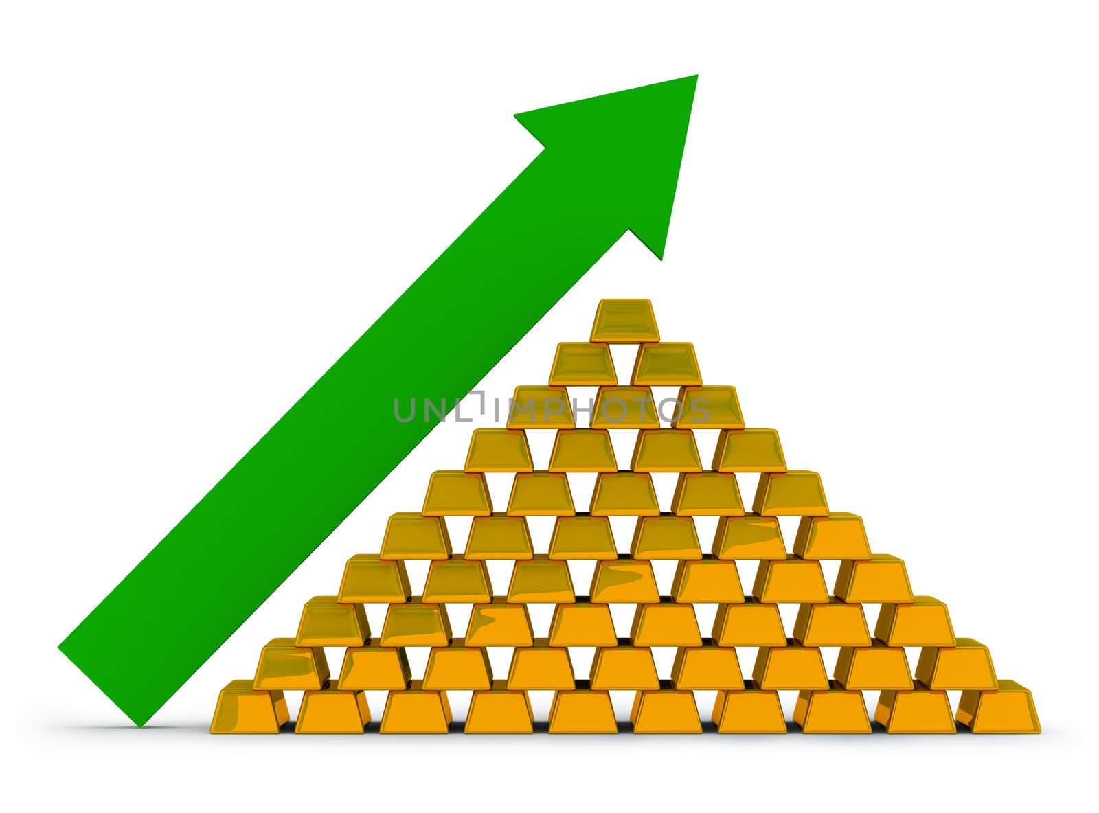 Pile of gold ingots with an arrow. Growth of the price for gold.
