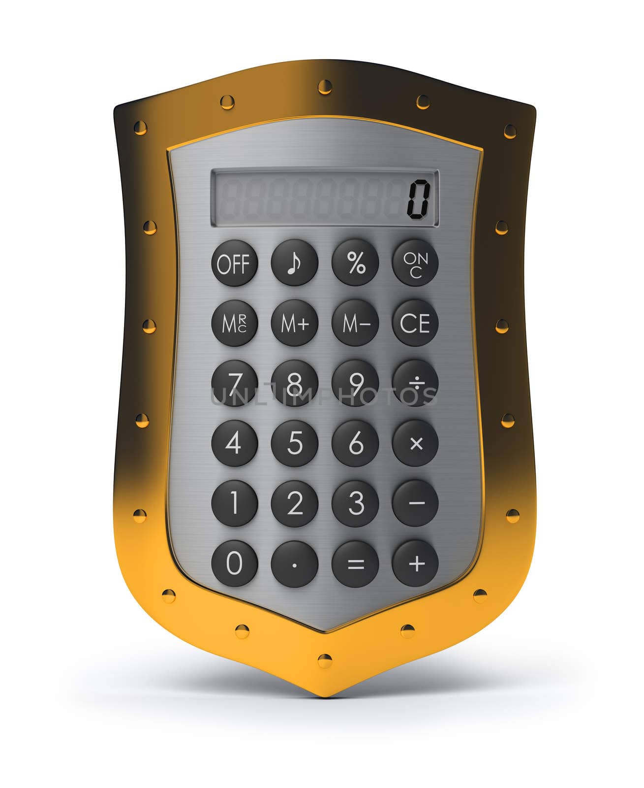 Calculator on a shield with a gold frame. 3d image. Isolated white background.