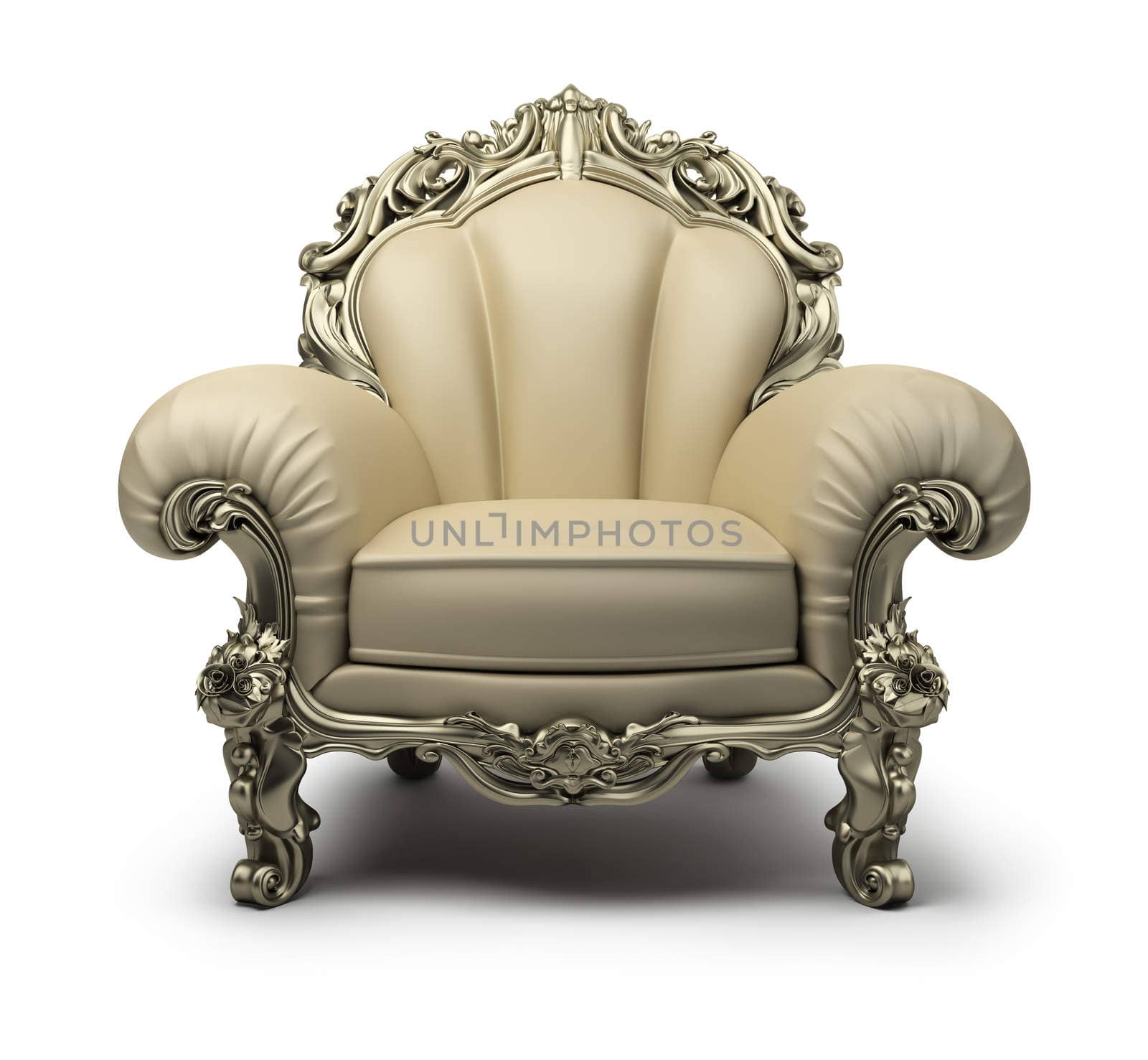 Luxury armchair of beige colour, with a silver decor. 3d image. Isolated white background.