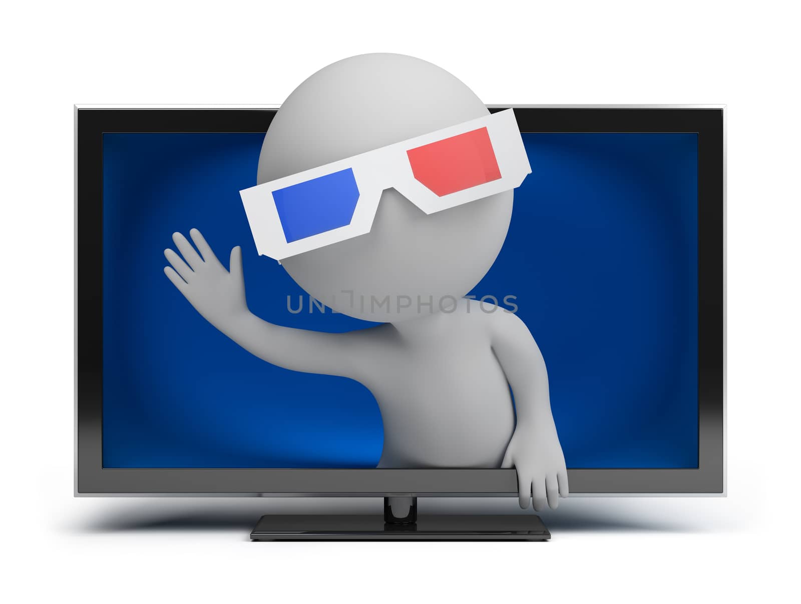 3d small person looks out from the TV screen. 3d image. Isolated white background.