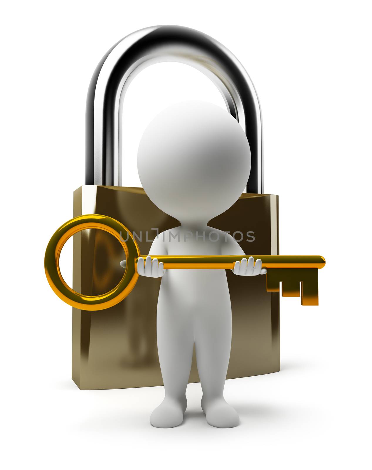 3d small people with a key and the lock. 3d image. Isolated white background.