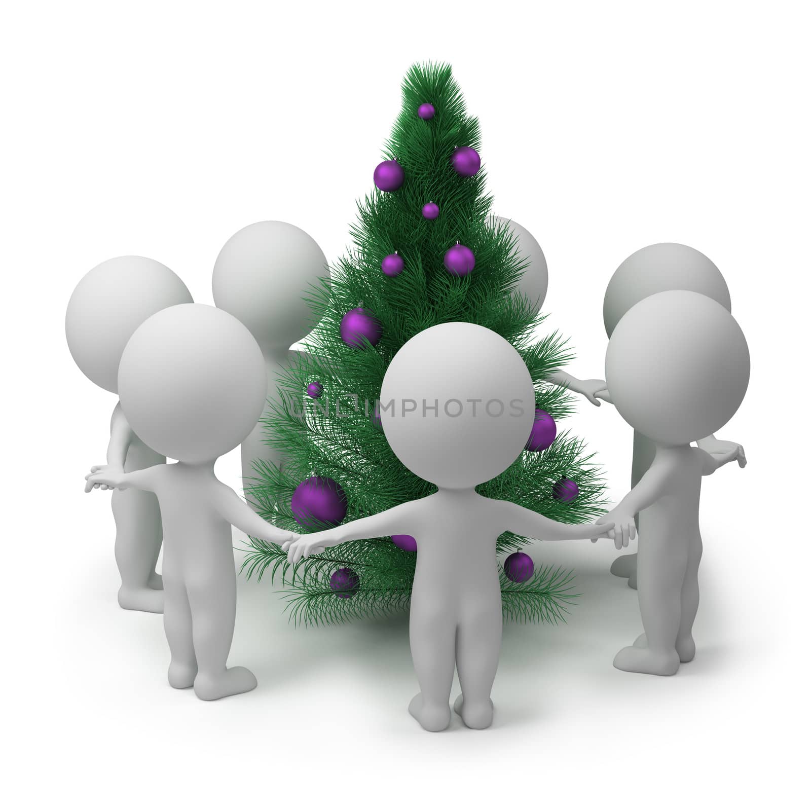 3d small people dancing round a New Year's fur-tree. 3d image. Isolated white background.