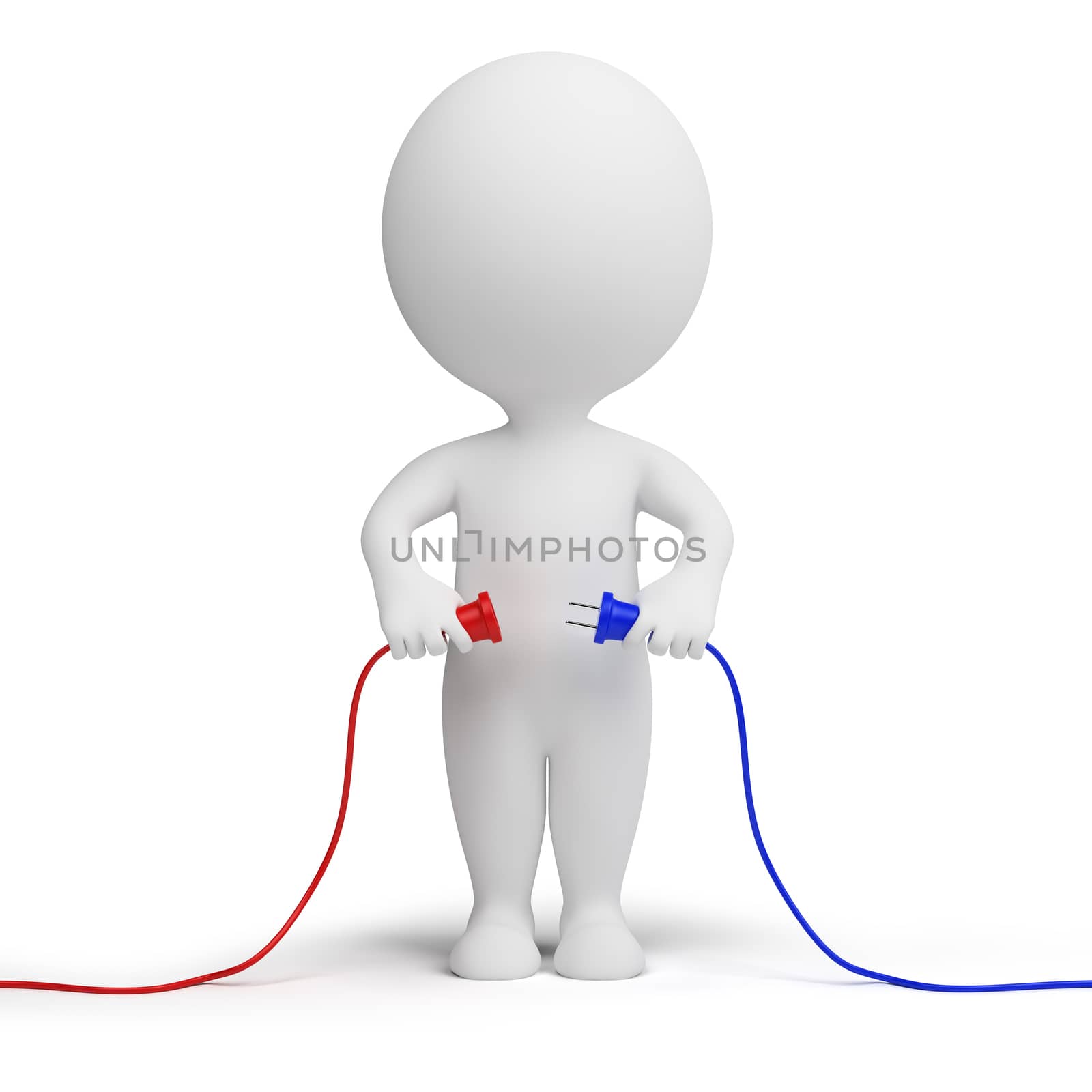 3d small people connected two cables . 3d image. Isolated white background.