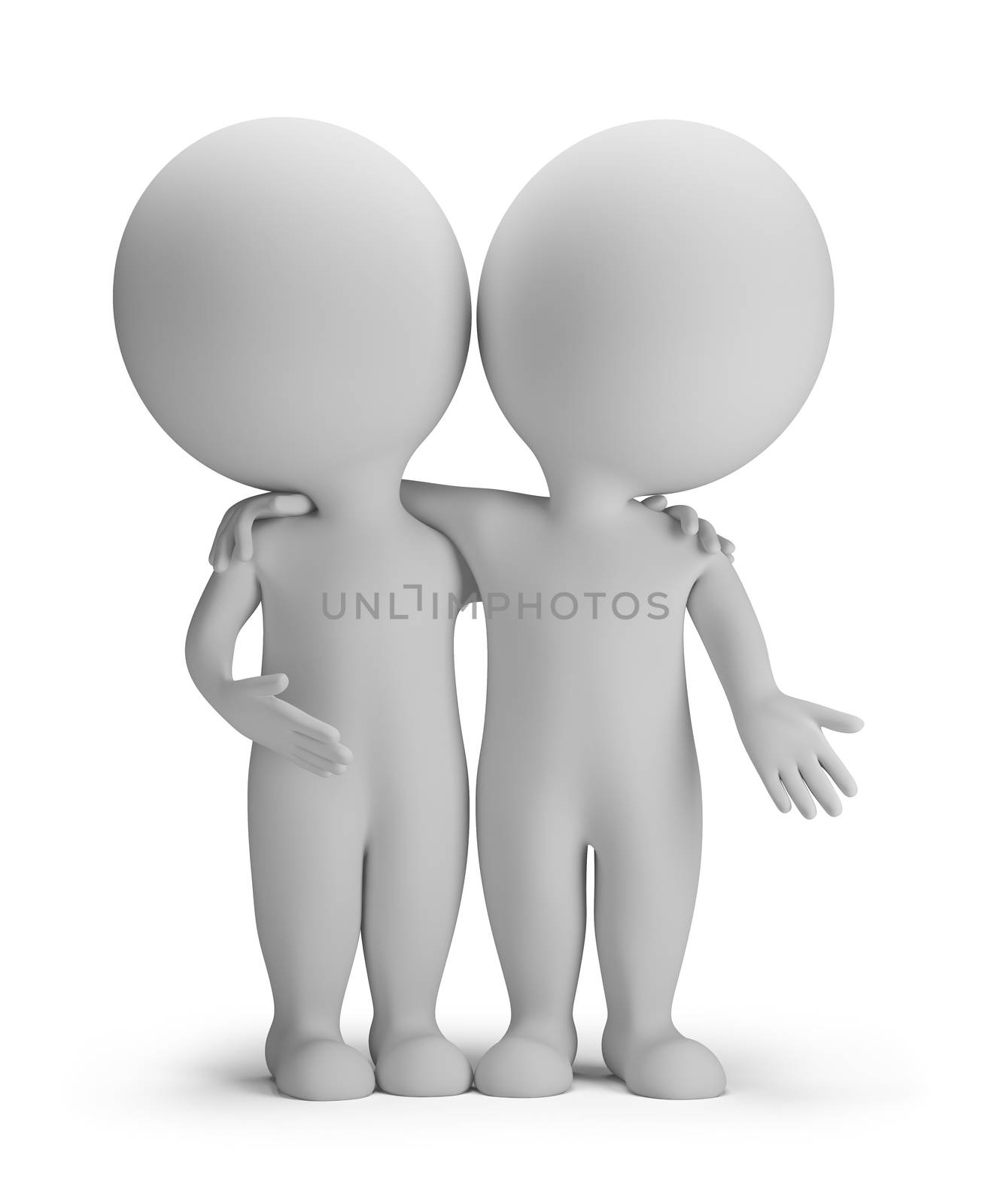 3d small person - two friends are hugging. 3d image. Isolated white background.