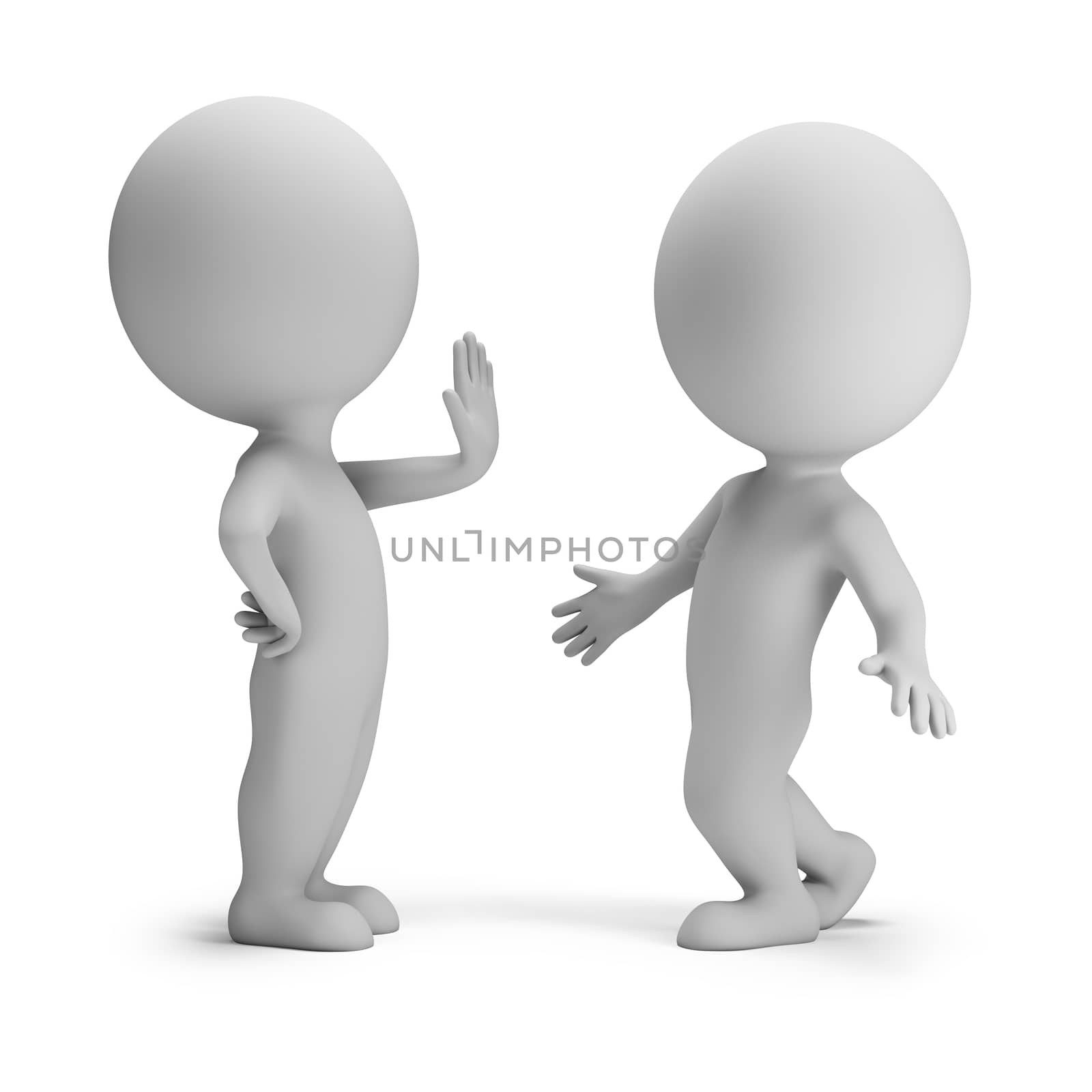 3d small people in stopping pose. 3d image. White background.