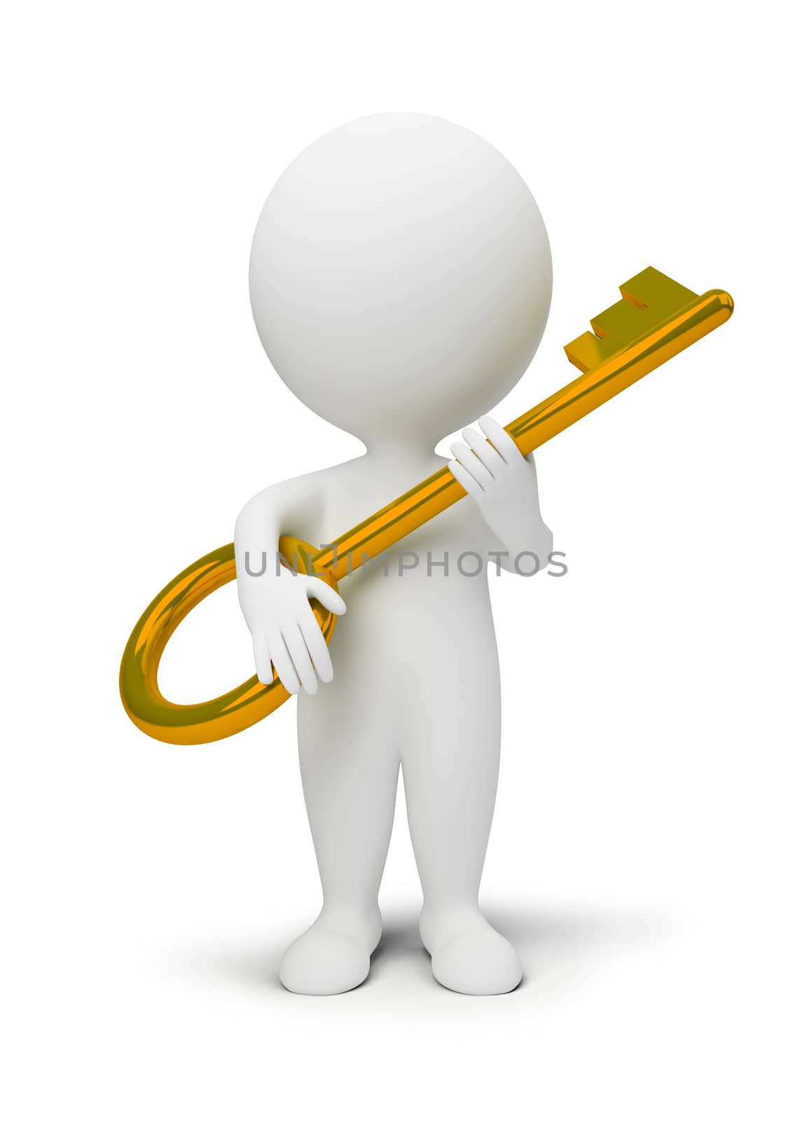 3d small people with a gold key. 3d image. Isolated white background.