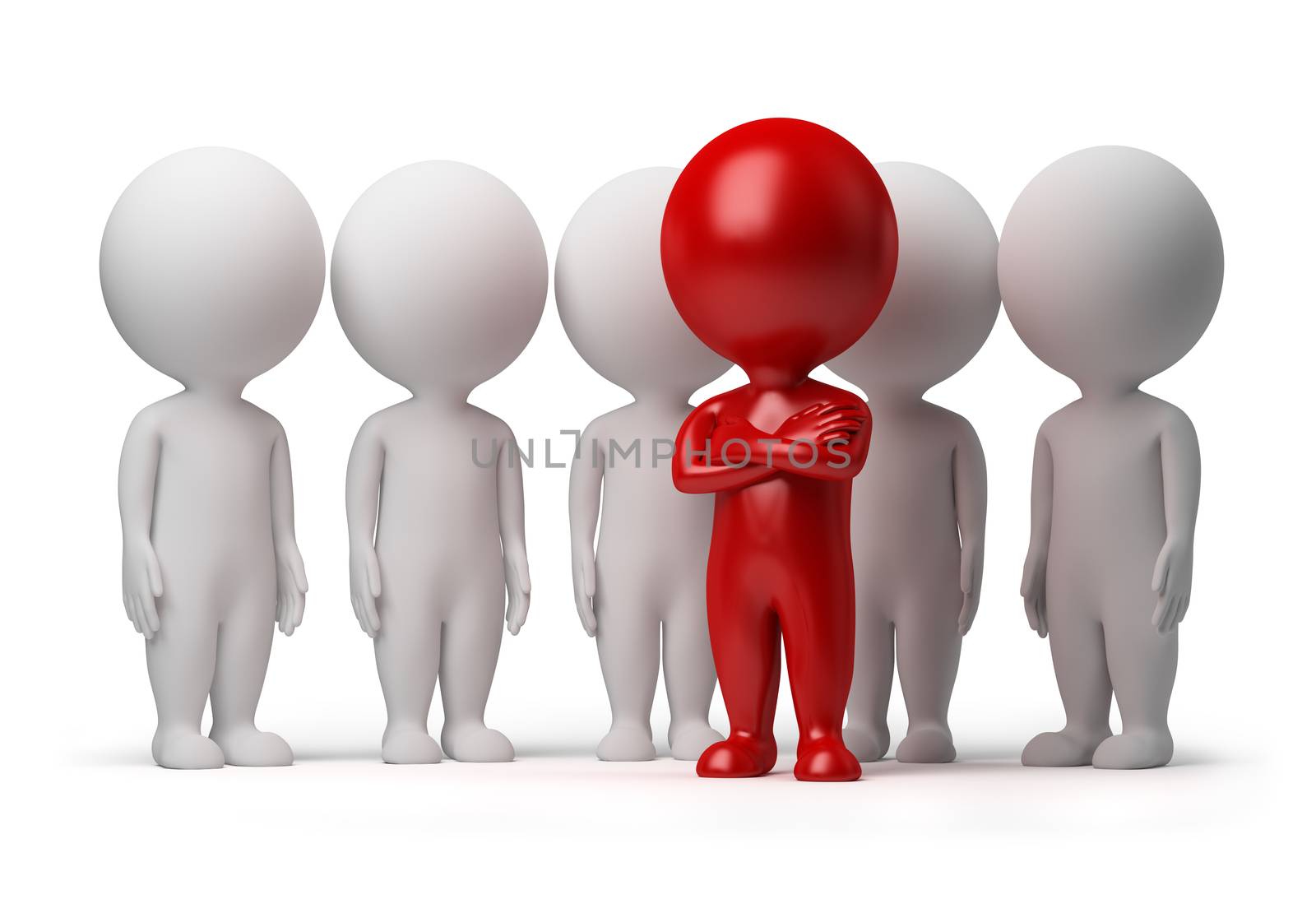 3d small person the leader of a team allocated with red colour. 3d image. Isolated white background.