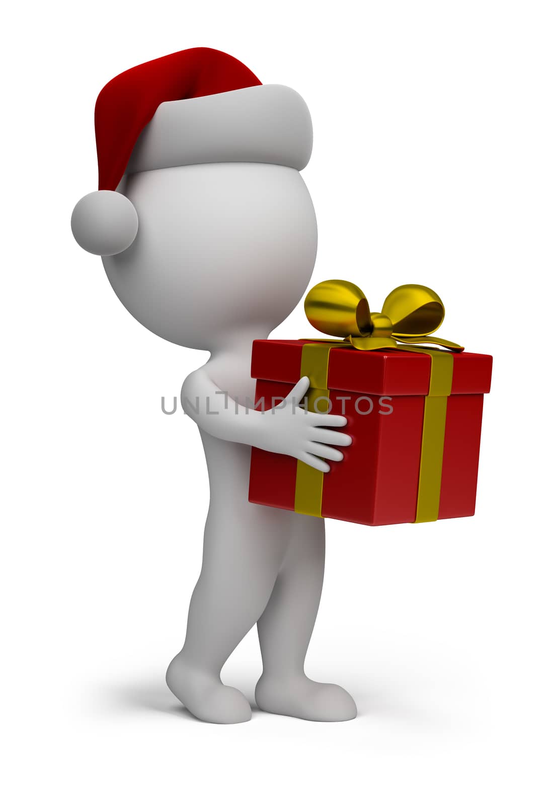 3d small person - Santa with a gift in hand. 3d image. Isolated white background.
