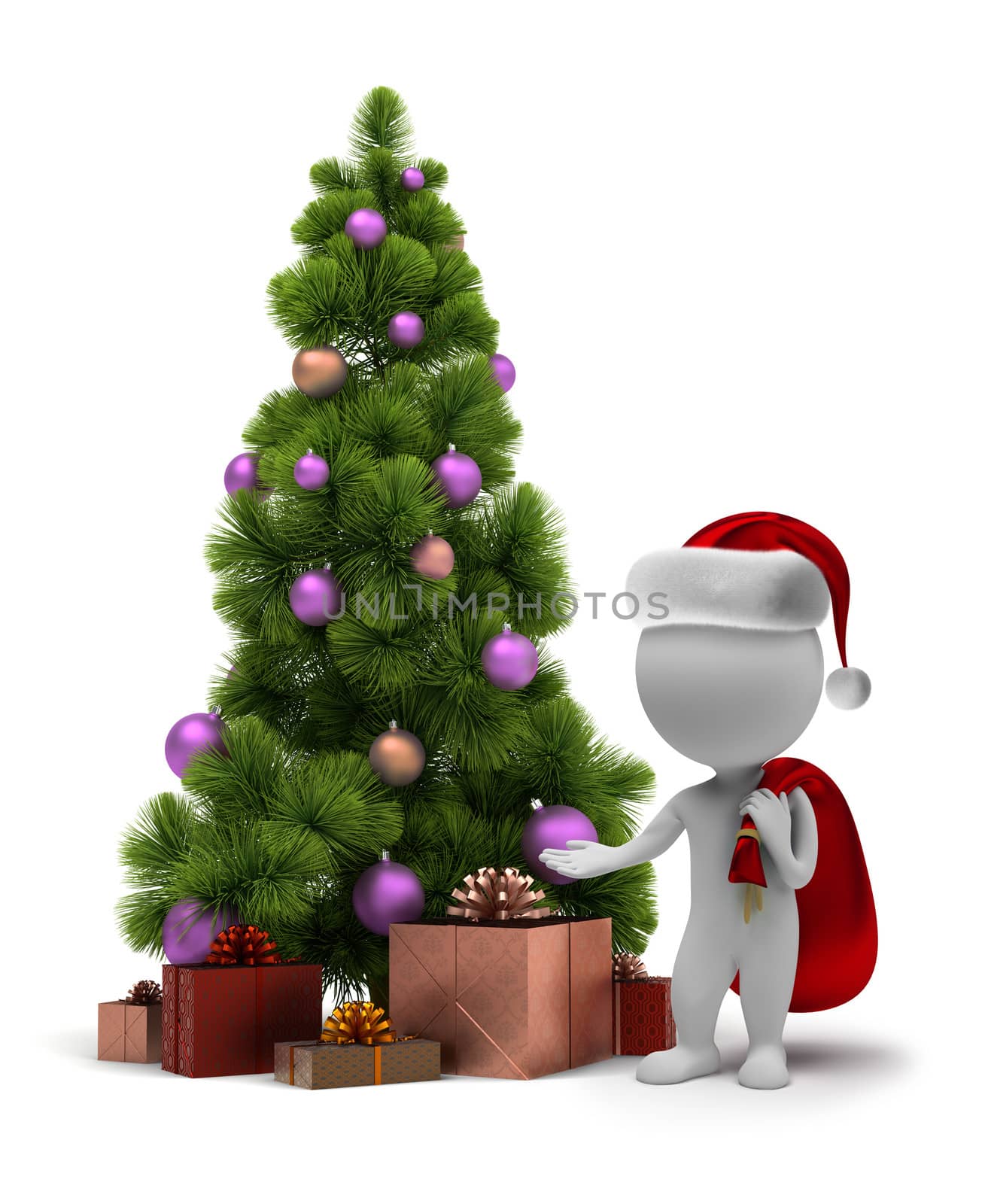 3d small people - Santa Claus and a Christmas tree. 3d image. Isolated white background.