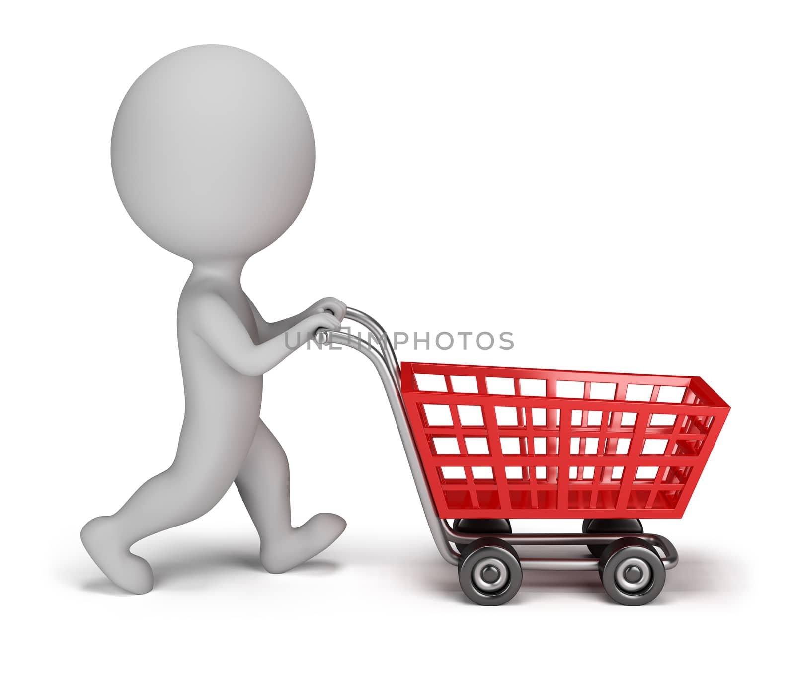 3d small person with a shopping cart. 3d image. Isolated white background.