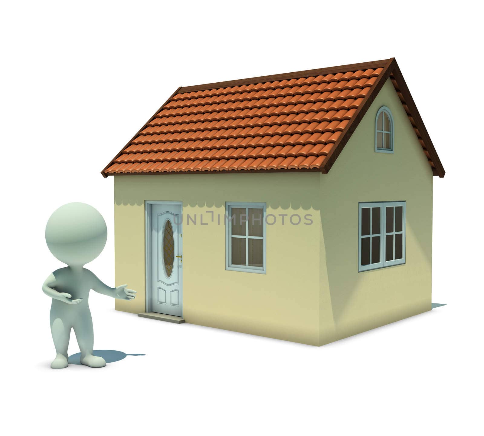 3d small people shows the house . 3d image. Isolated white background.