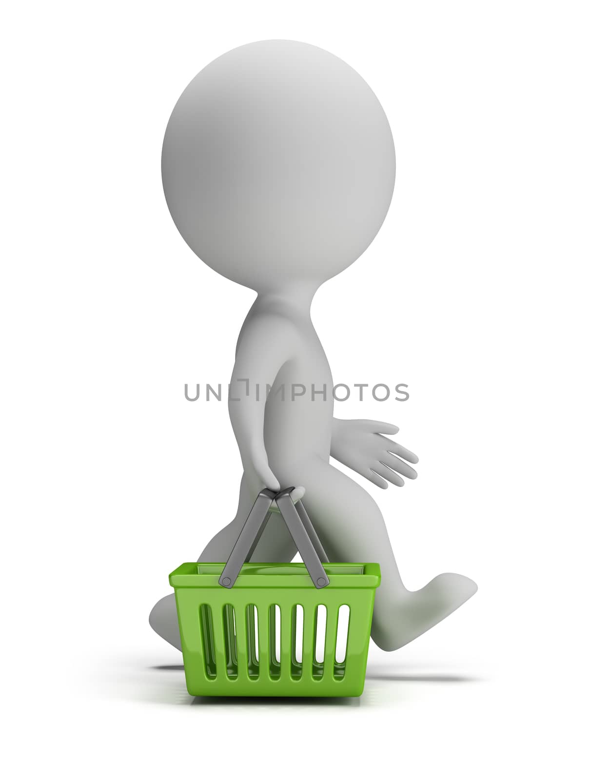 3d small person goes with a green shopping basket. 3d image. White background.