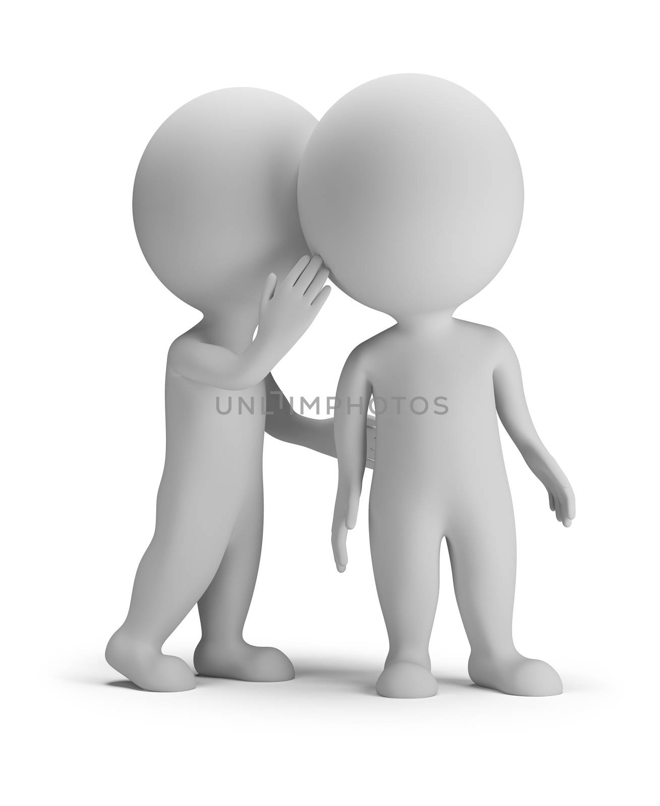 3d small person whispering in his ear to another person. 3d image. White background.