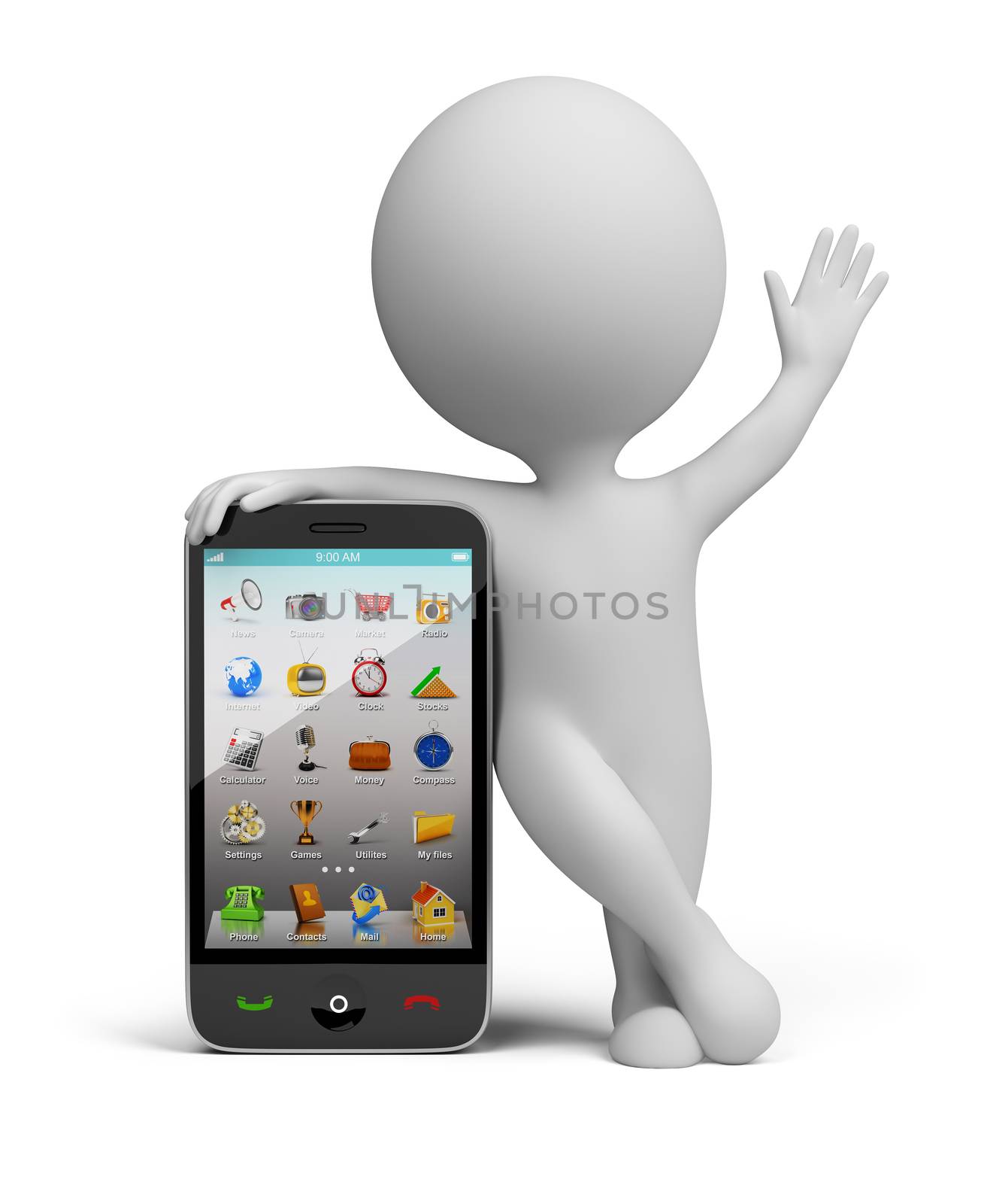 3d small person standing near to the smart phone and waving a hand. 3d image. Isolated white background.