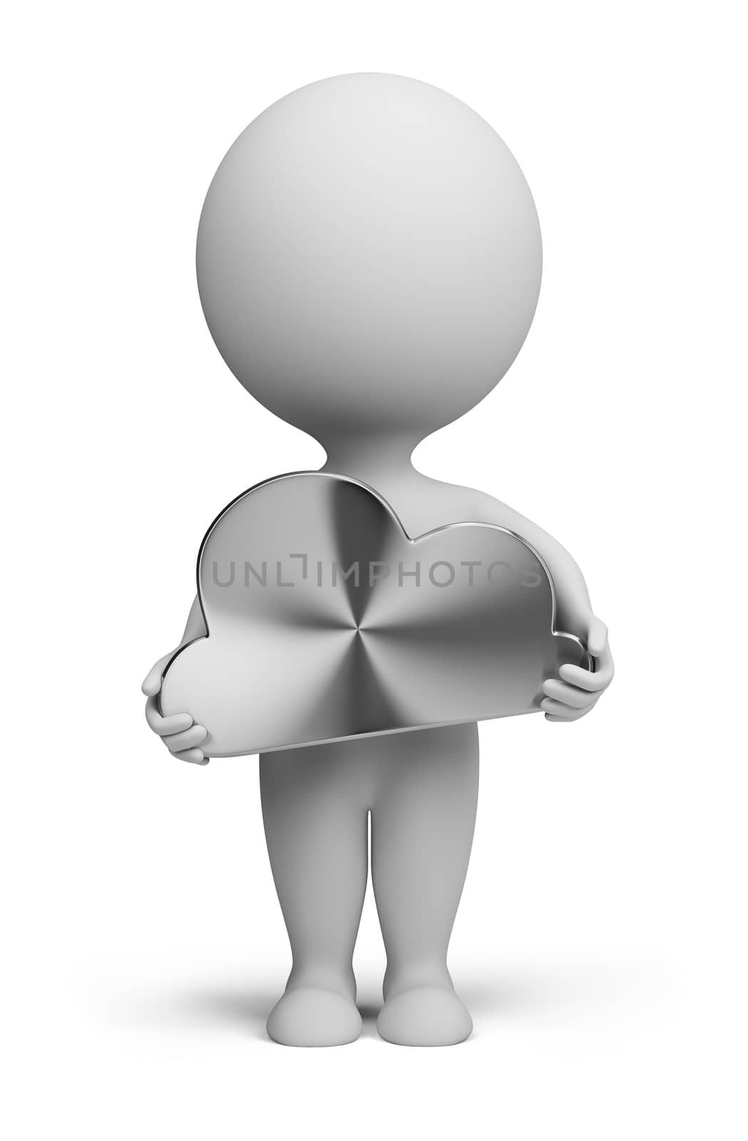 3d small person behind the steel in the hands of a cloud. 3d image. Isolated white background.