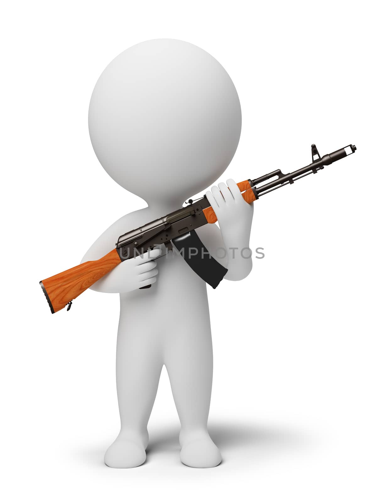 3d small people - soldier with the weapon. 3d image. Isolated white background.