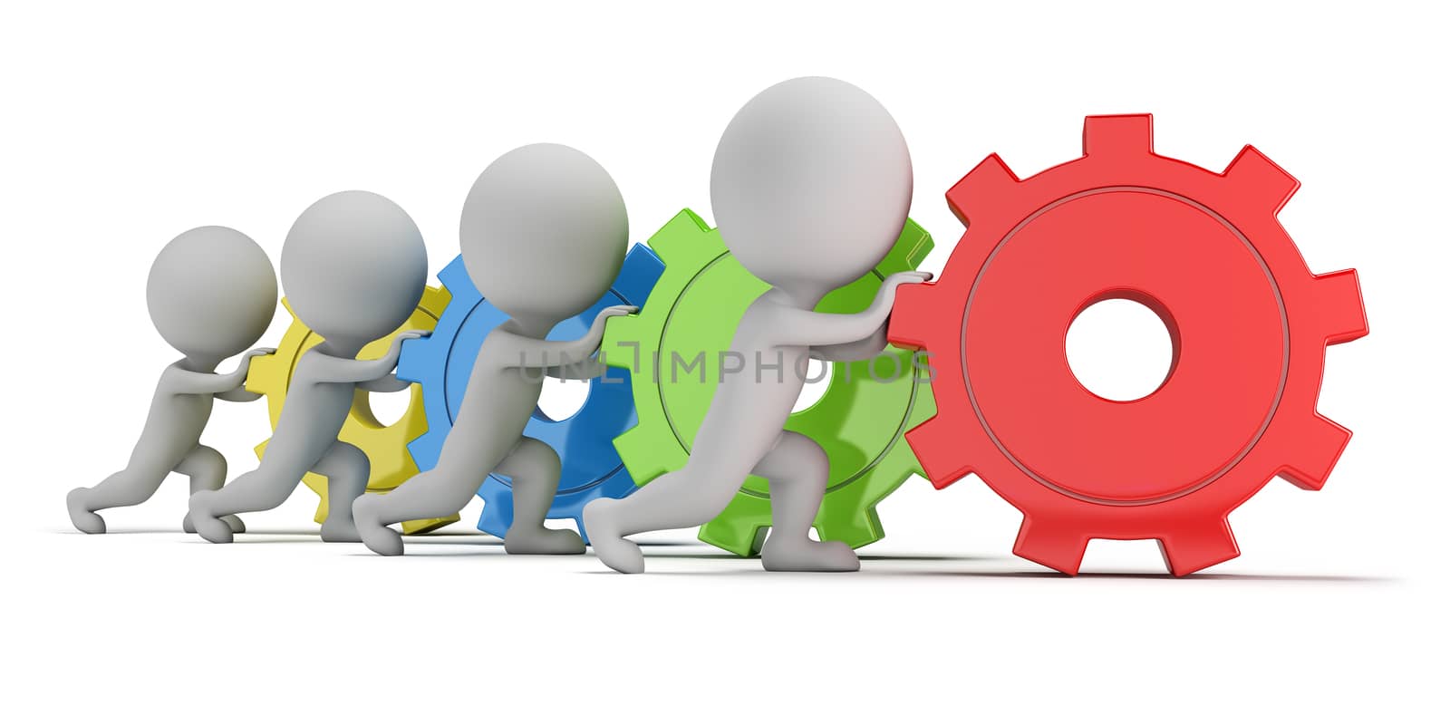 3d small people - team with colorful gears. 3d image. White background.