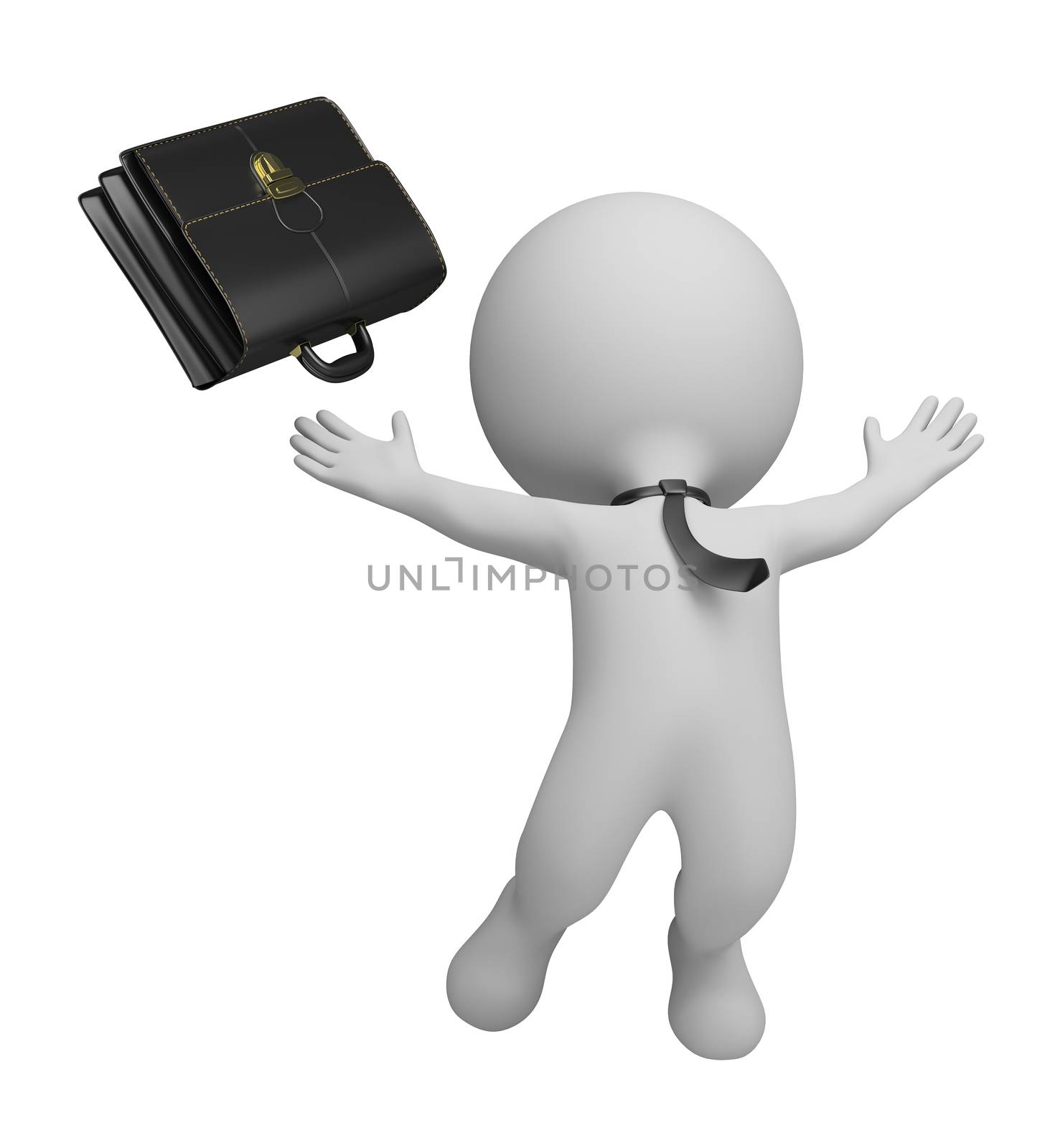 3d small person - businessman jumping with joy and threw his briefcase. 3d image. Isolated white background.