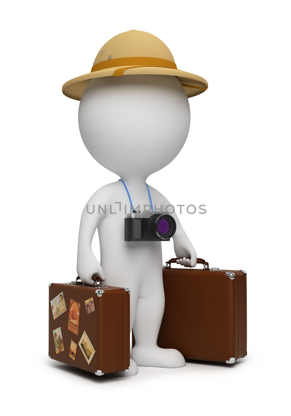 3d small people - tourist with suitcases and the camera. 3d image. Isolated white background.