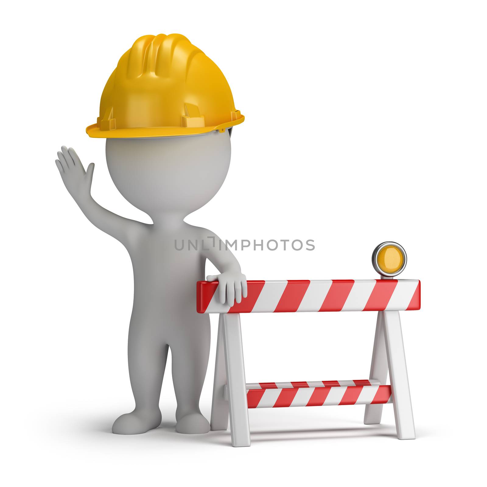3d small person in a helmet in the stop position, close to the limit stop. 3d image. White background.