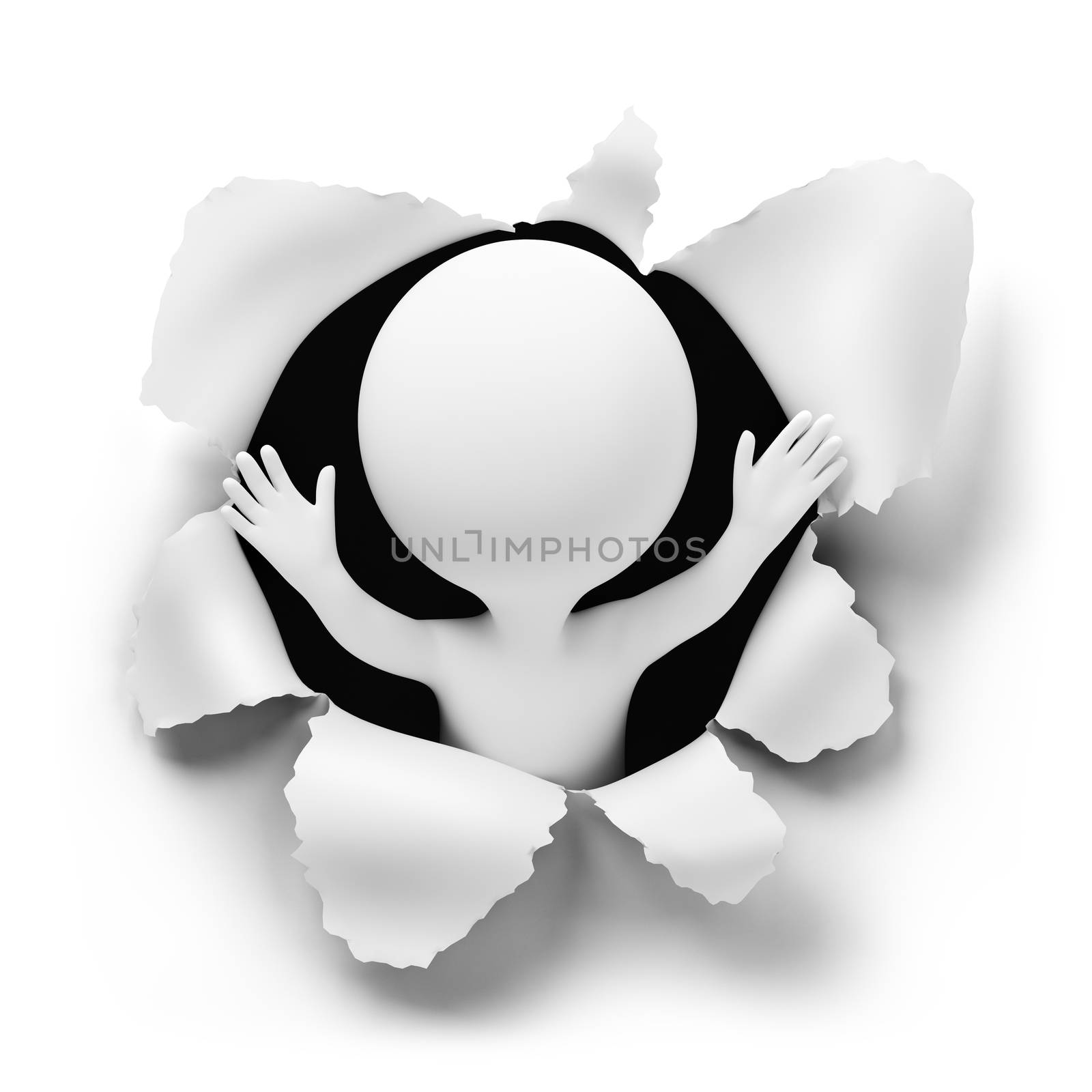 3d small people suddenly getting out of a hole. 3d image. Isolated white background.