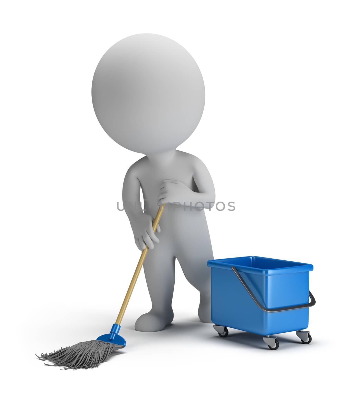 3d small person cleaner with a mop and bucket. 3d image. Isolated white background.