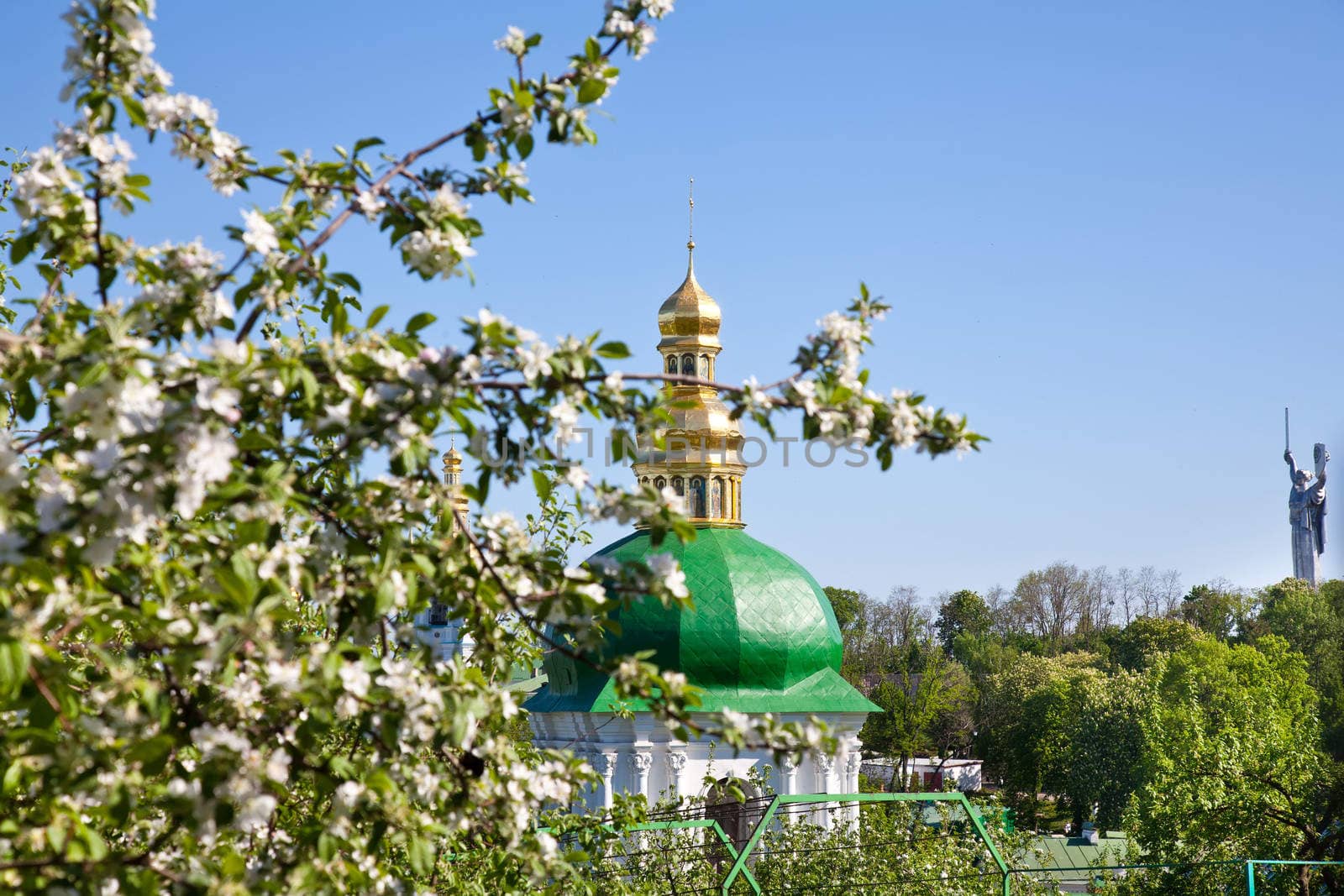 Kiev Pechersk Lavra monastery and tree in blossom