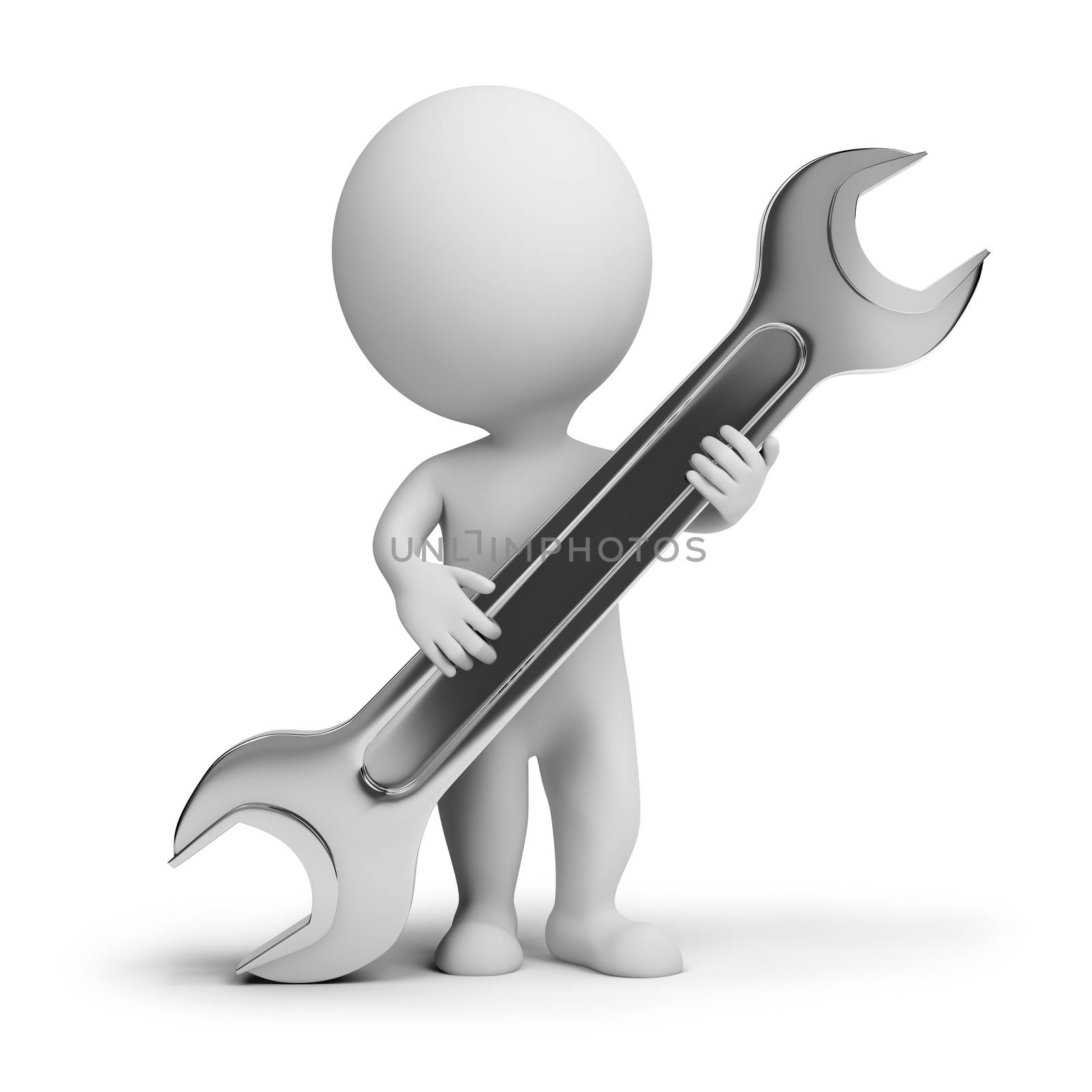 3d small people with a wrench in hands. 3d image. Isolated white background.