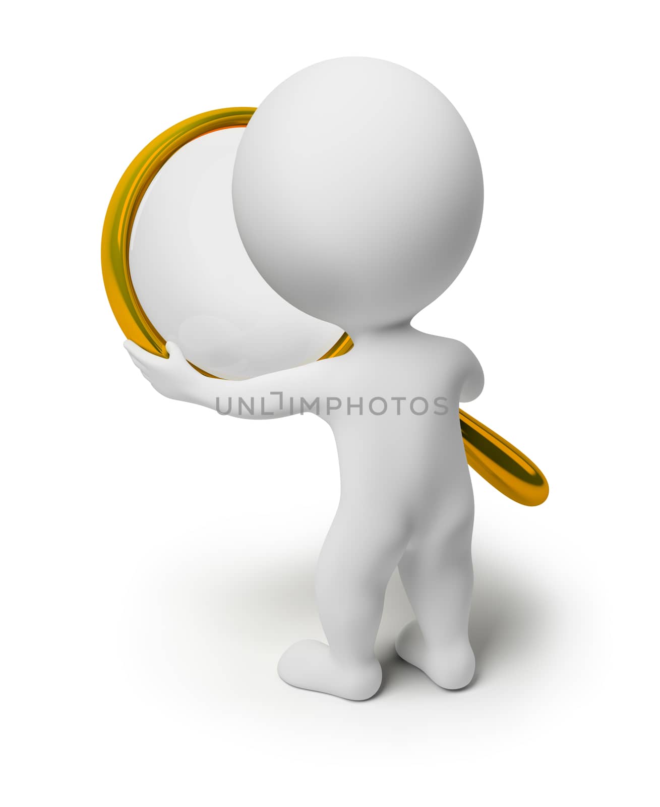 3d small people holds a magnifier. 3d image. Isolated white background.