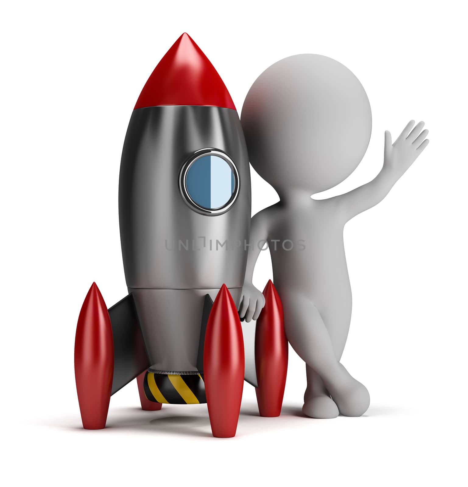 3d small person next to rocket. 3d image. Isolated white background.