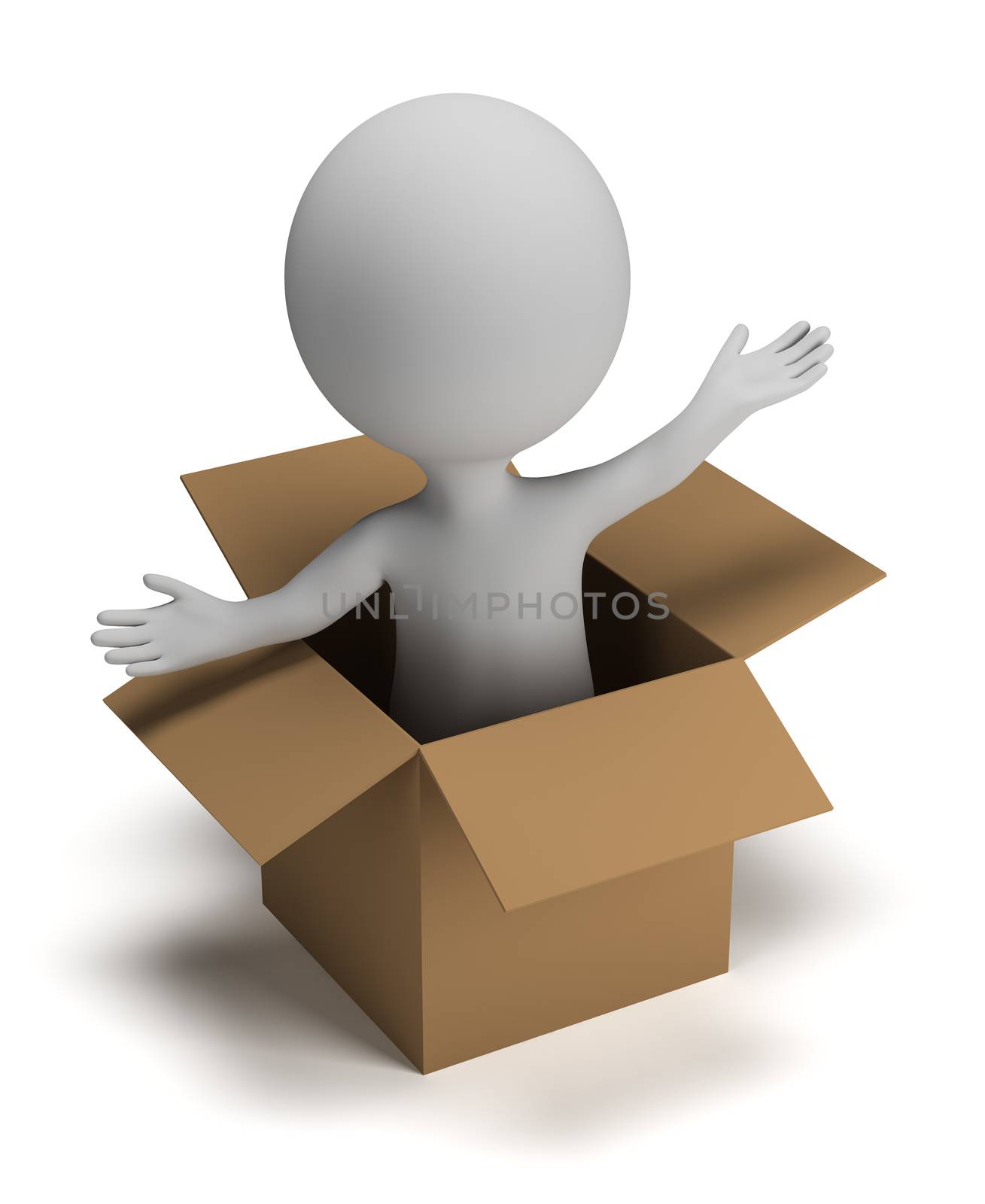 3d small person coming out of a box. 3d image. Isolated white background.