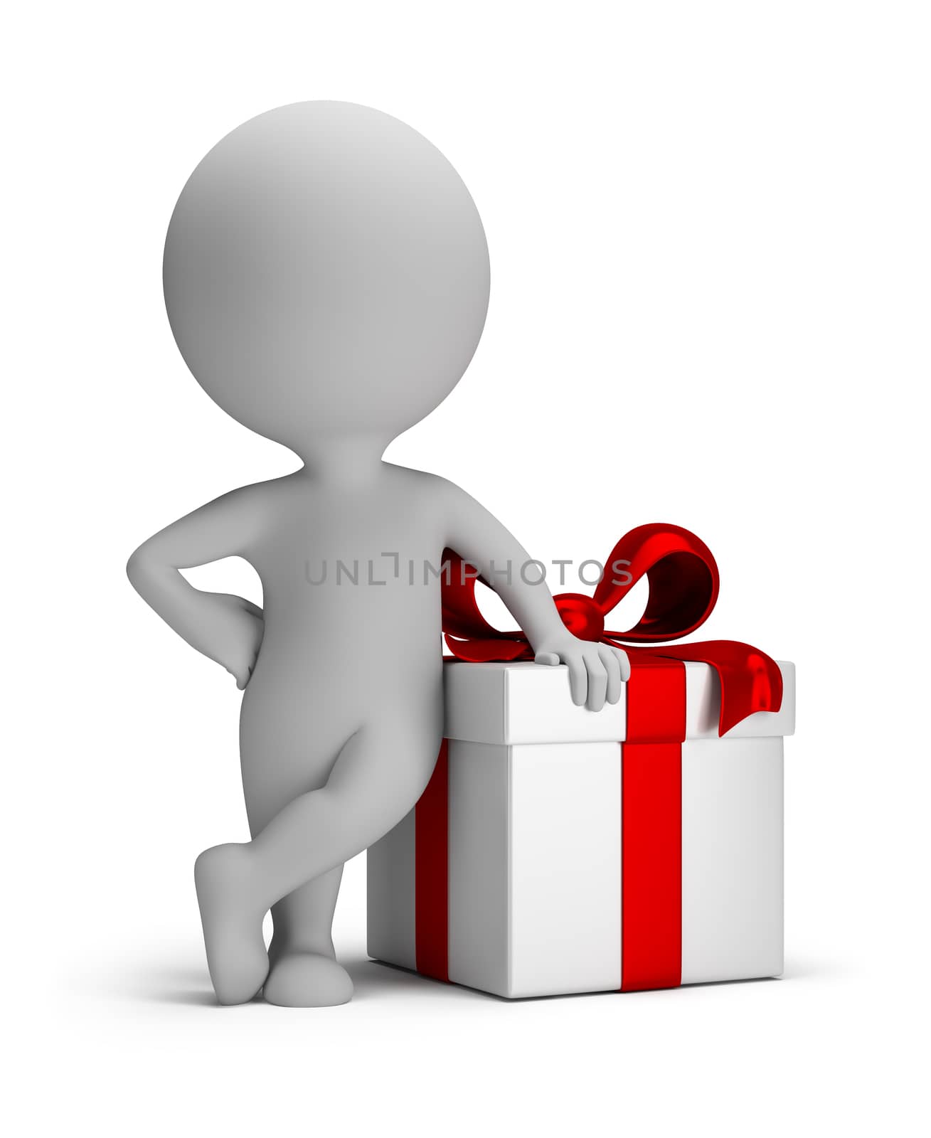3d small person next to gift. 3d image. Isolated white background.