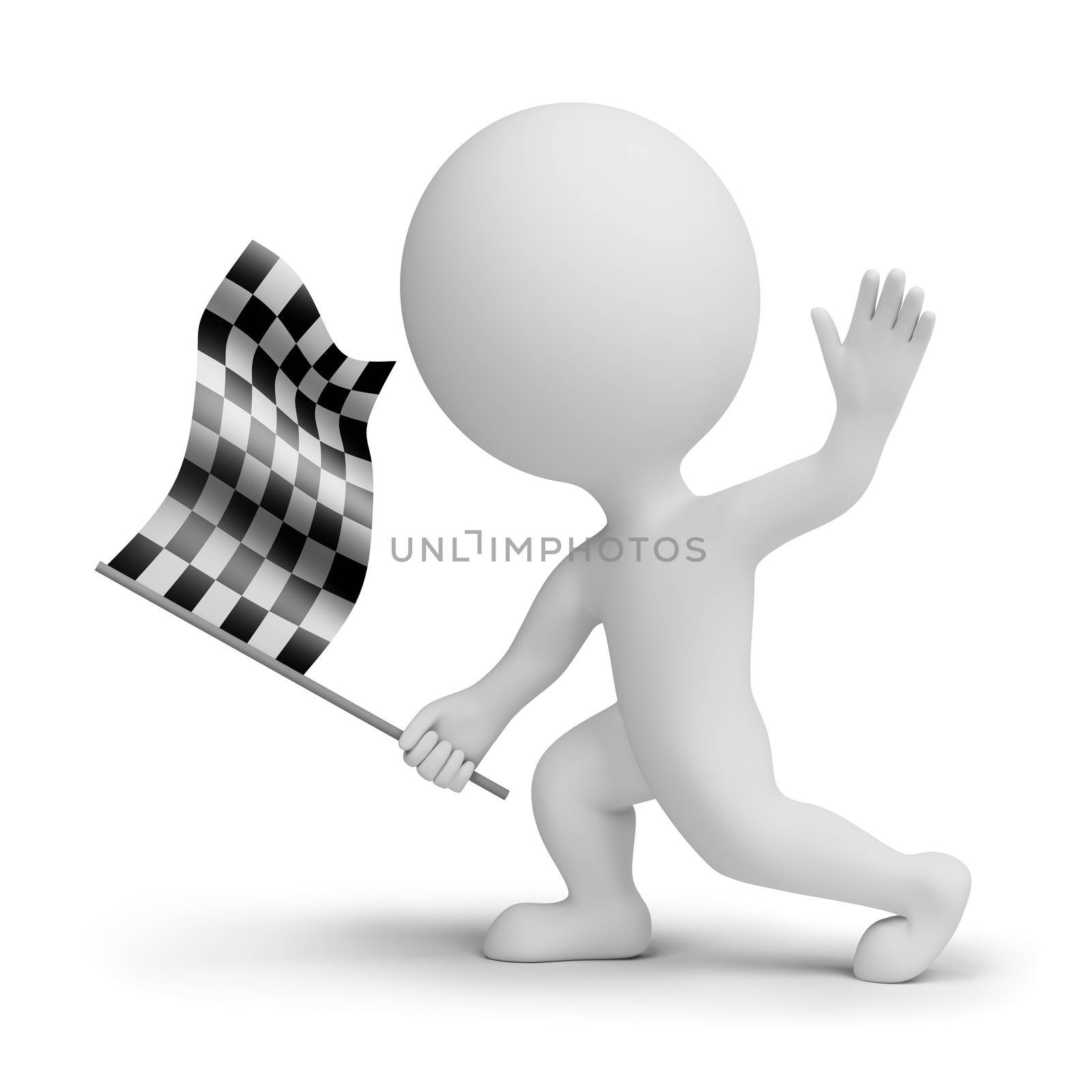 3d small people with a checkered flag in hands. 3d image. Isolated white background.