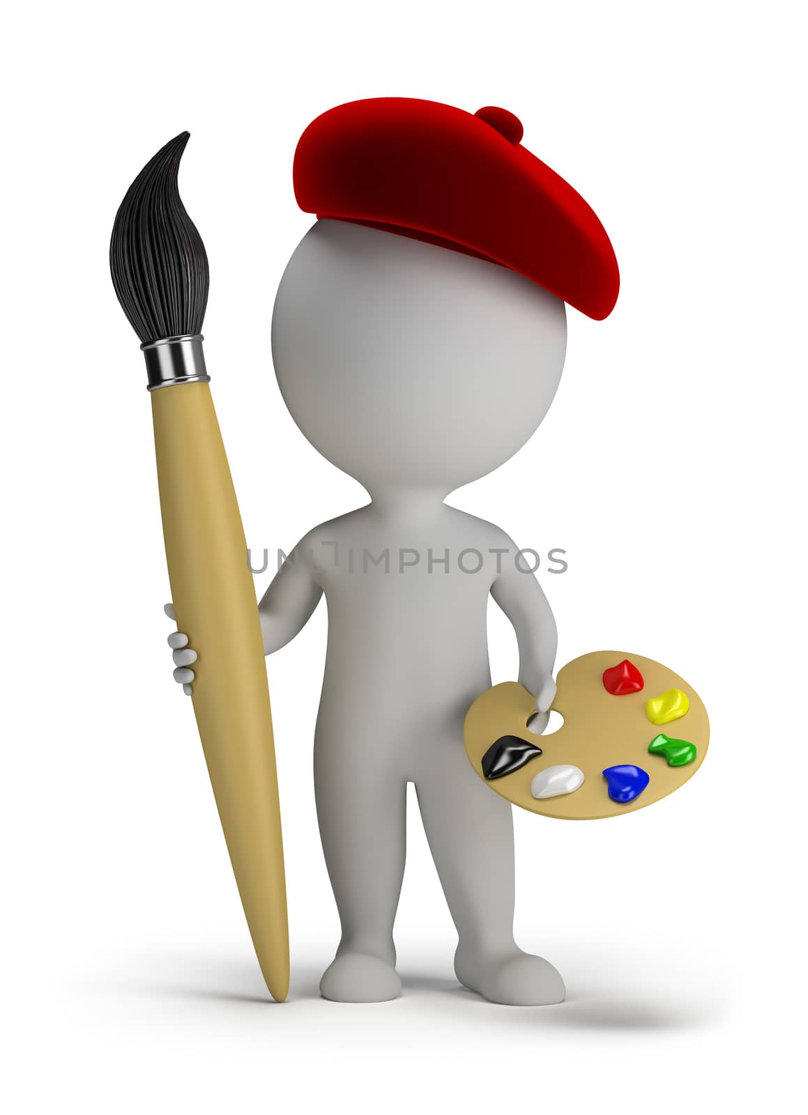 3d small person - artist with a big brush and palette in hand. 3d image. Isolated white background.