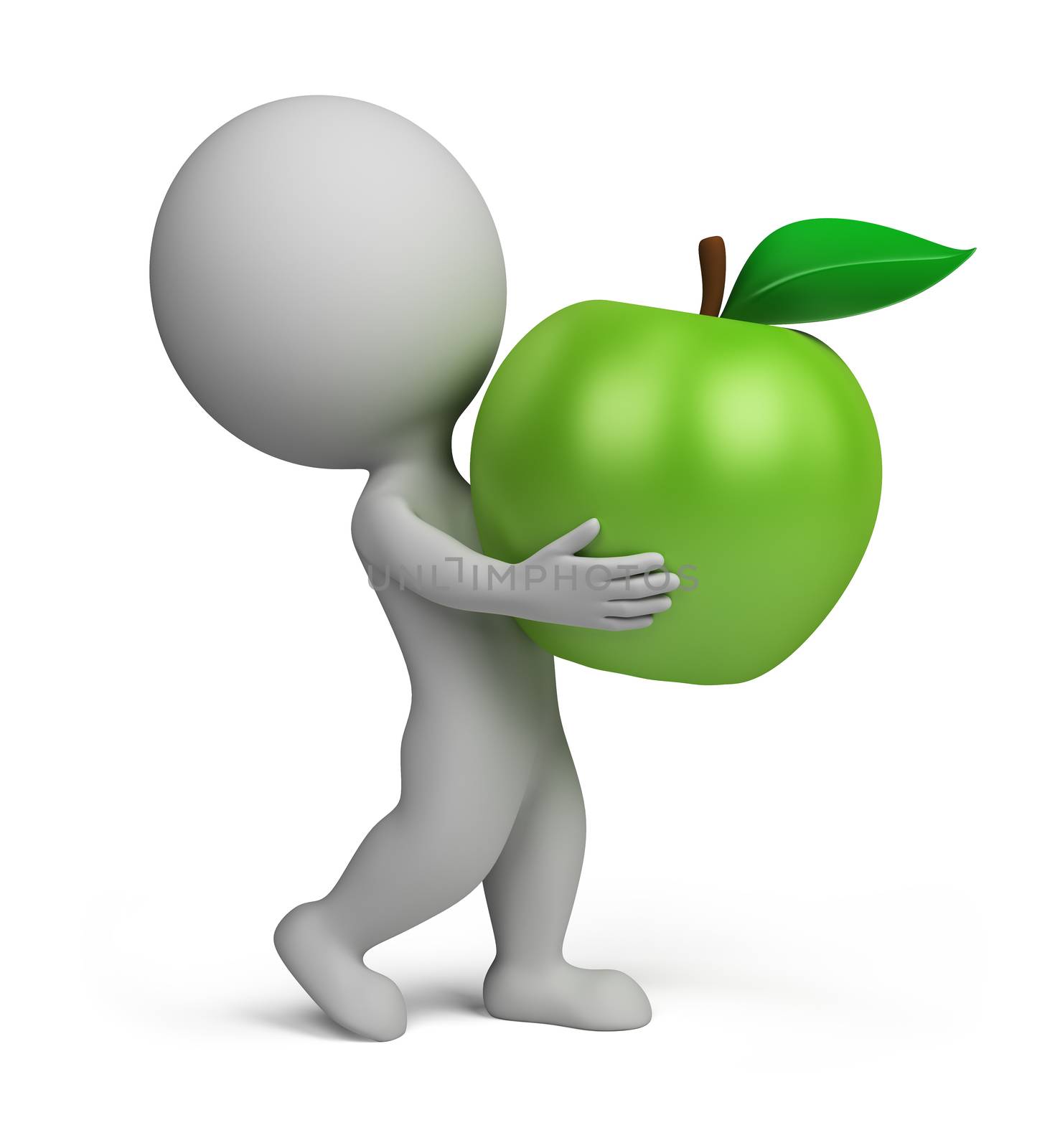 3d small person carrying a green apple. 3d image. Isolated white background.