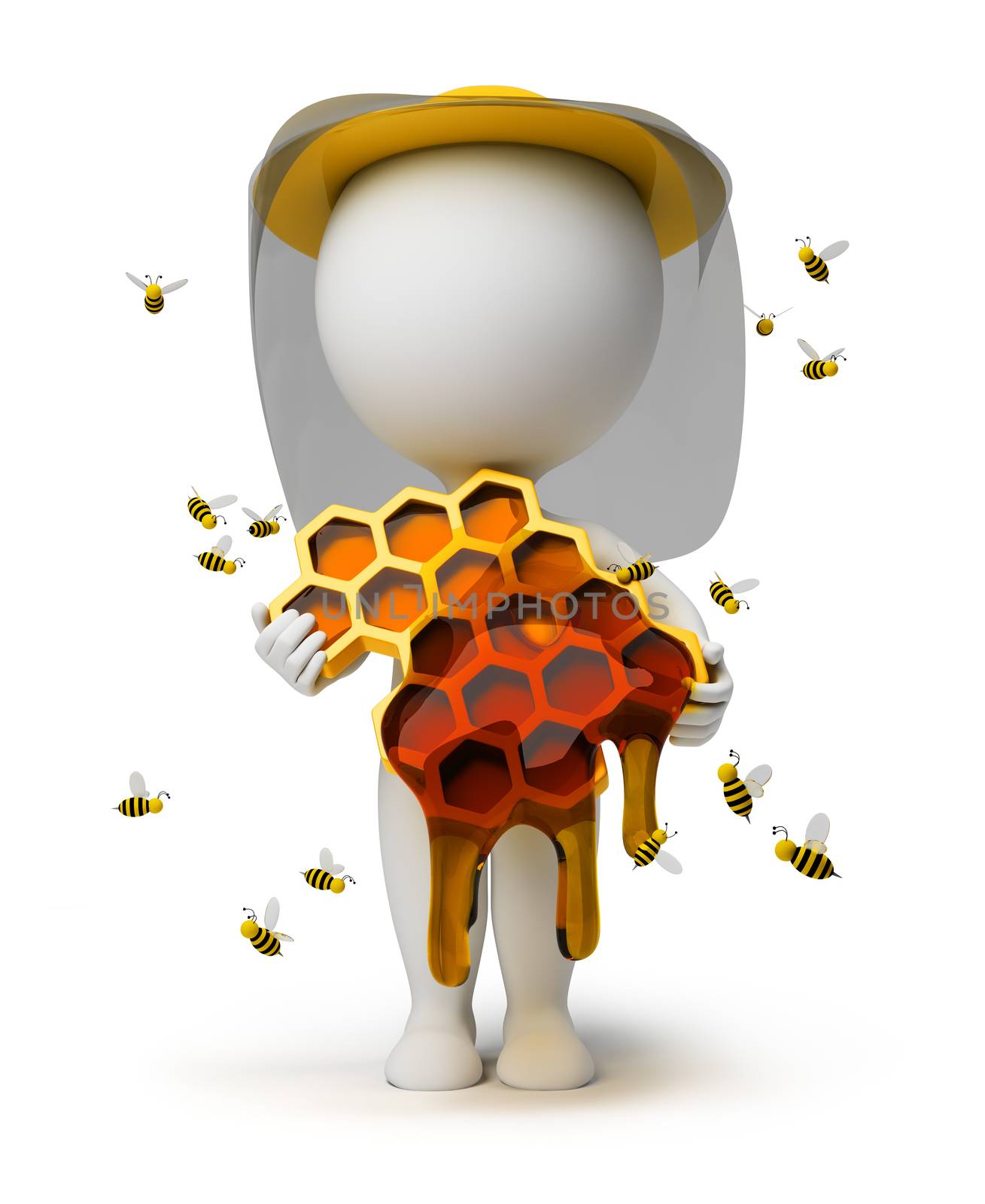3d small people with honeycombs and honey in hands in a hat, surrounded with bees. 3d image. Isolated white background.