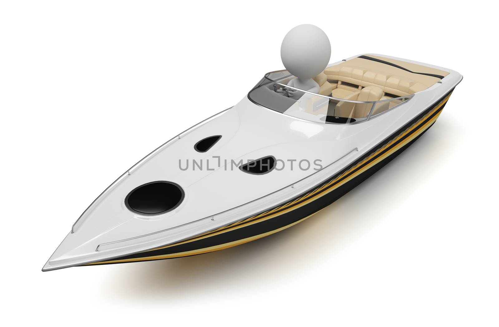 3d small people in a modern boat. 3d image. Isolated white background.