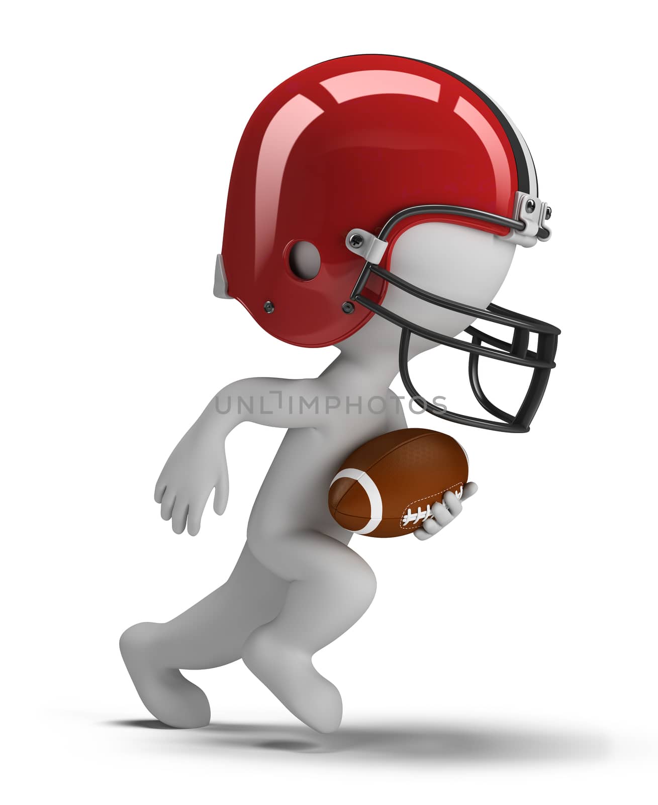 3d small person - american football player running with ball. 3d image. Isolated white background.