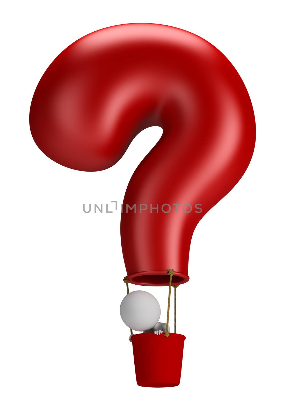 3d small person flying in a balloon question. 3d image. Isolated white background.