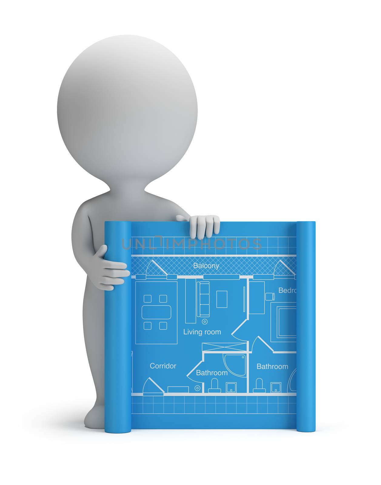 3d small person with a blueprint. 3d image. Isolated white background.