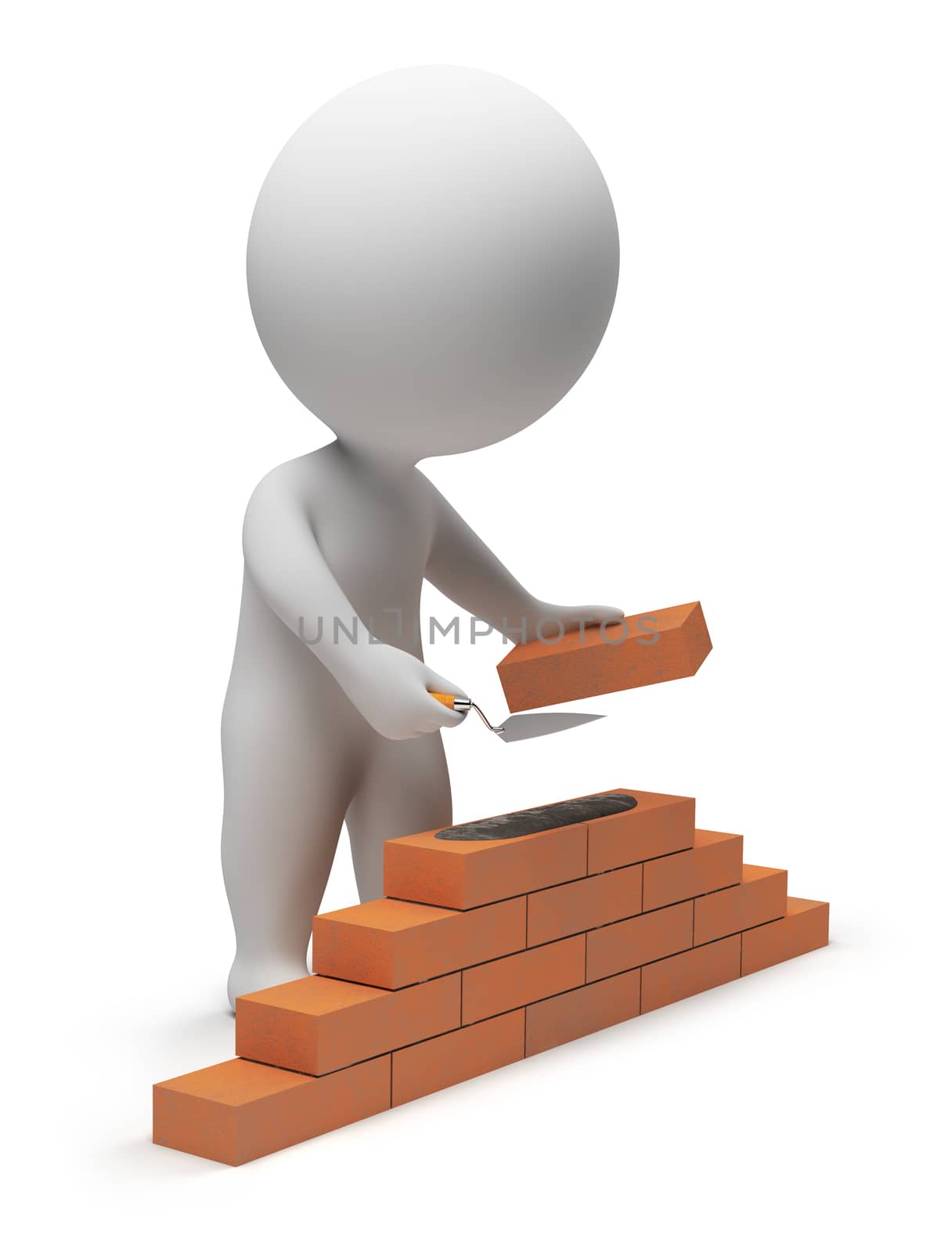 3d small people - builder laying down bricks. 3d image. Isolated white background.