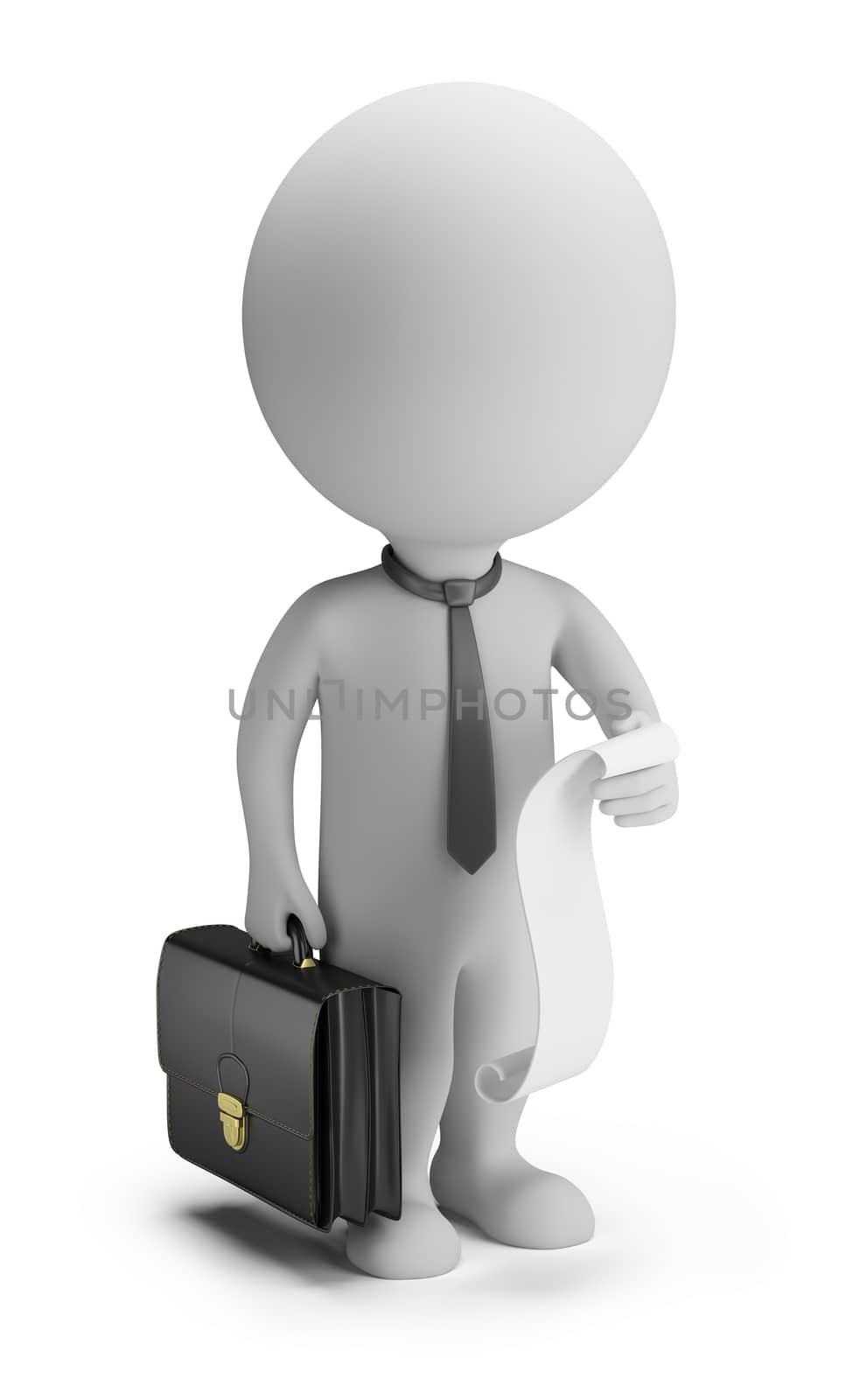 3d small person - businessman with a list of cases and a briefcase. 3d image. Isolated white background.
