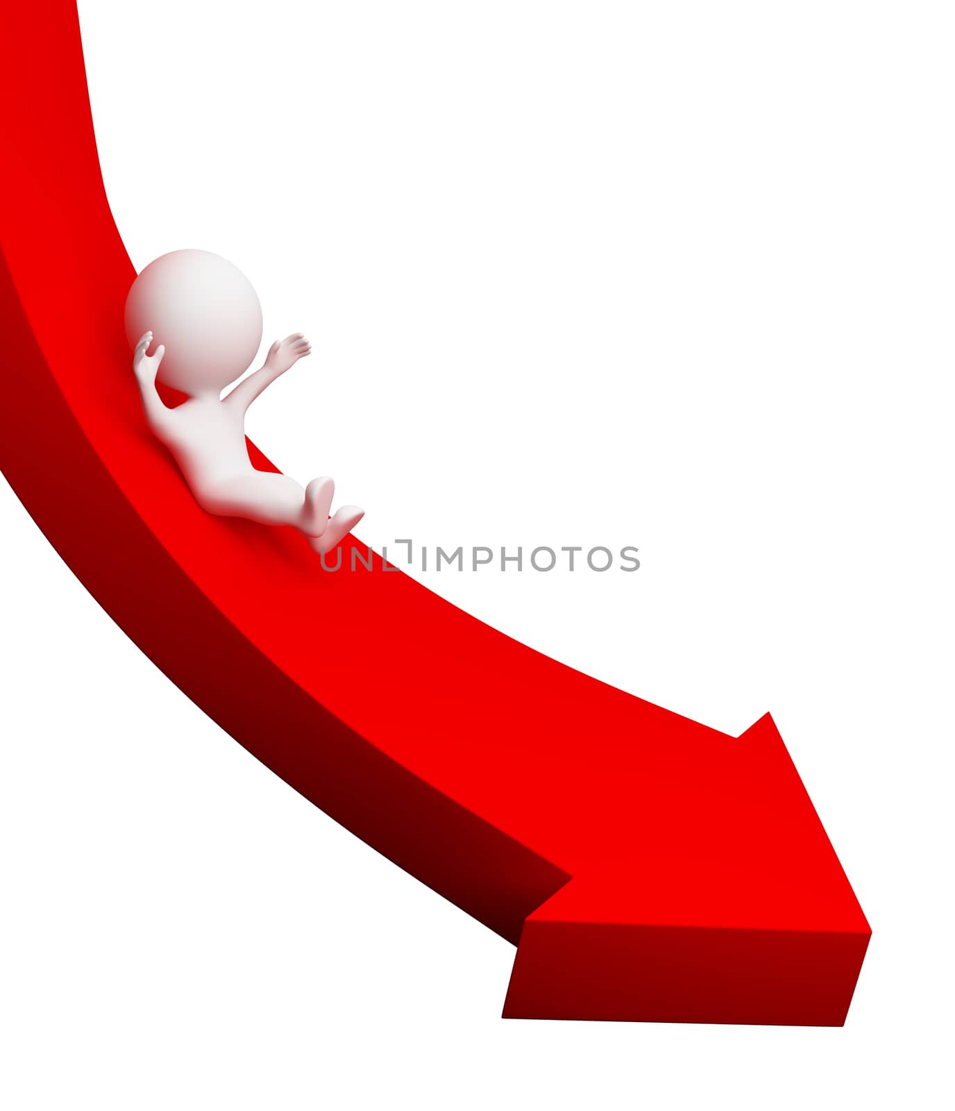 3d small people rolling down from an arrow. 3d image. Isolated white background.