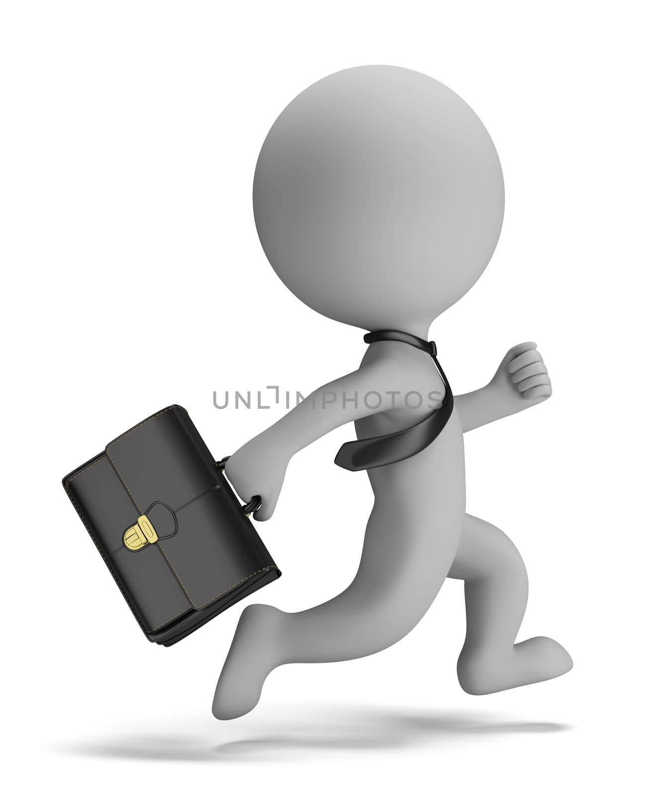 3d small person - businessman running with a briefcase in his hand. 3d image. Isolated white background.
