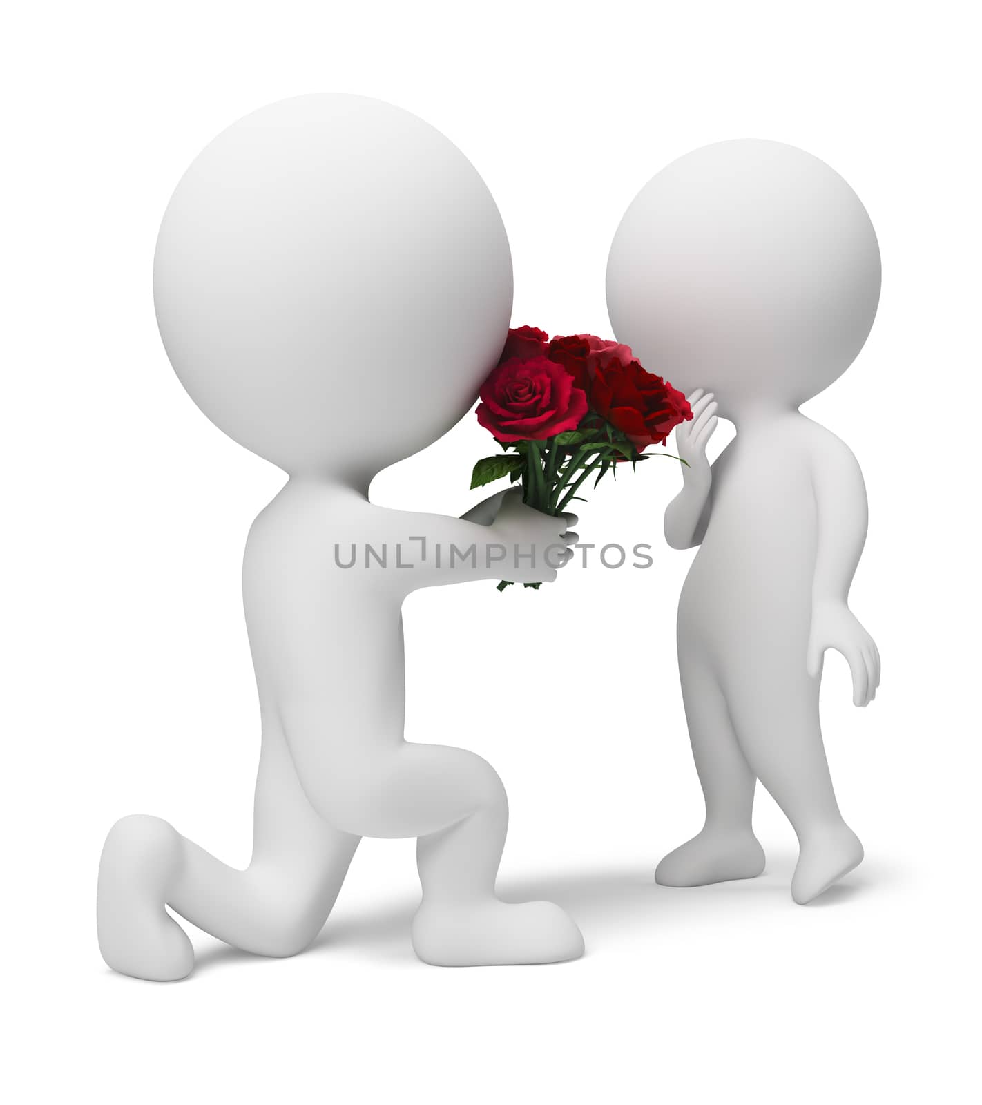 3d people a giving bouquet of red roses for the darling. 3d image. Isolated white background.