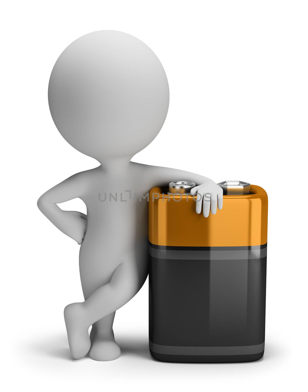 3d small person with a big battery. 3d image. Isolated white background.