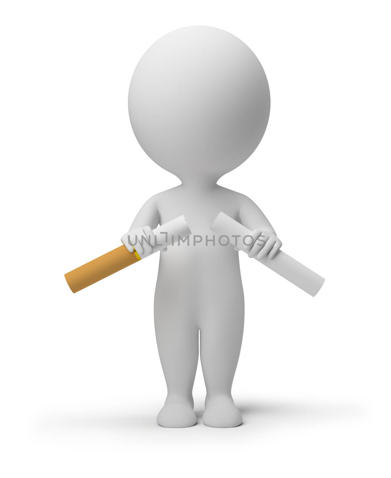 3d small person breaking a cigarette. 3d image. Isolated white background.