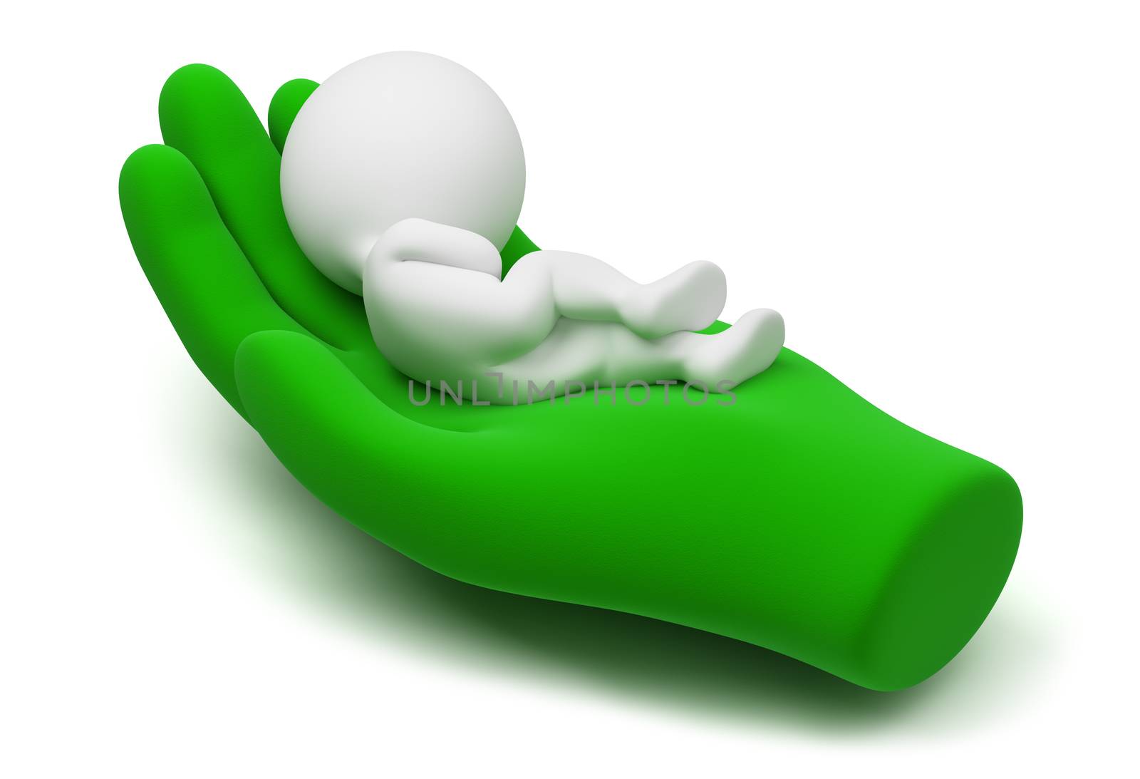 3d small people lying on a careful hand of the world. 3d image. Isolated white background.