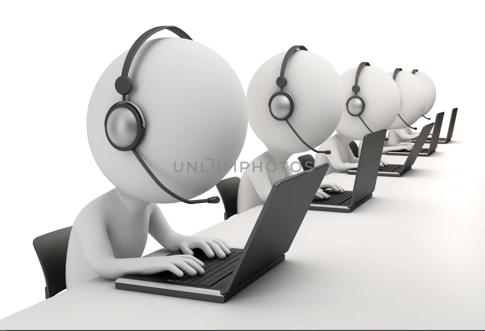 3d small person - operators sitting at laptops in ear-phones with a microphone. 3d image. Isolated white background.