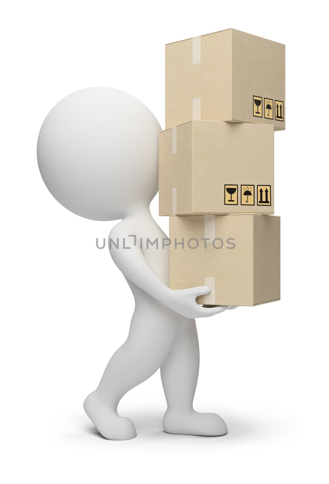 3d small people carrying cardboard boxes. 3d image. Isolated white background.